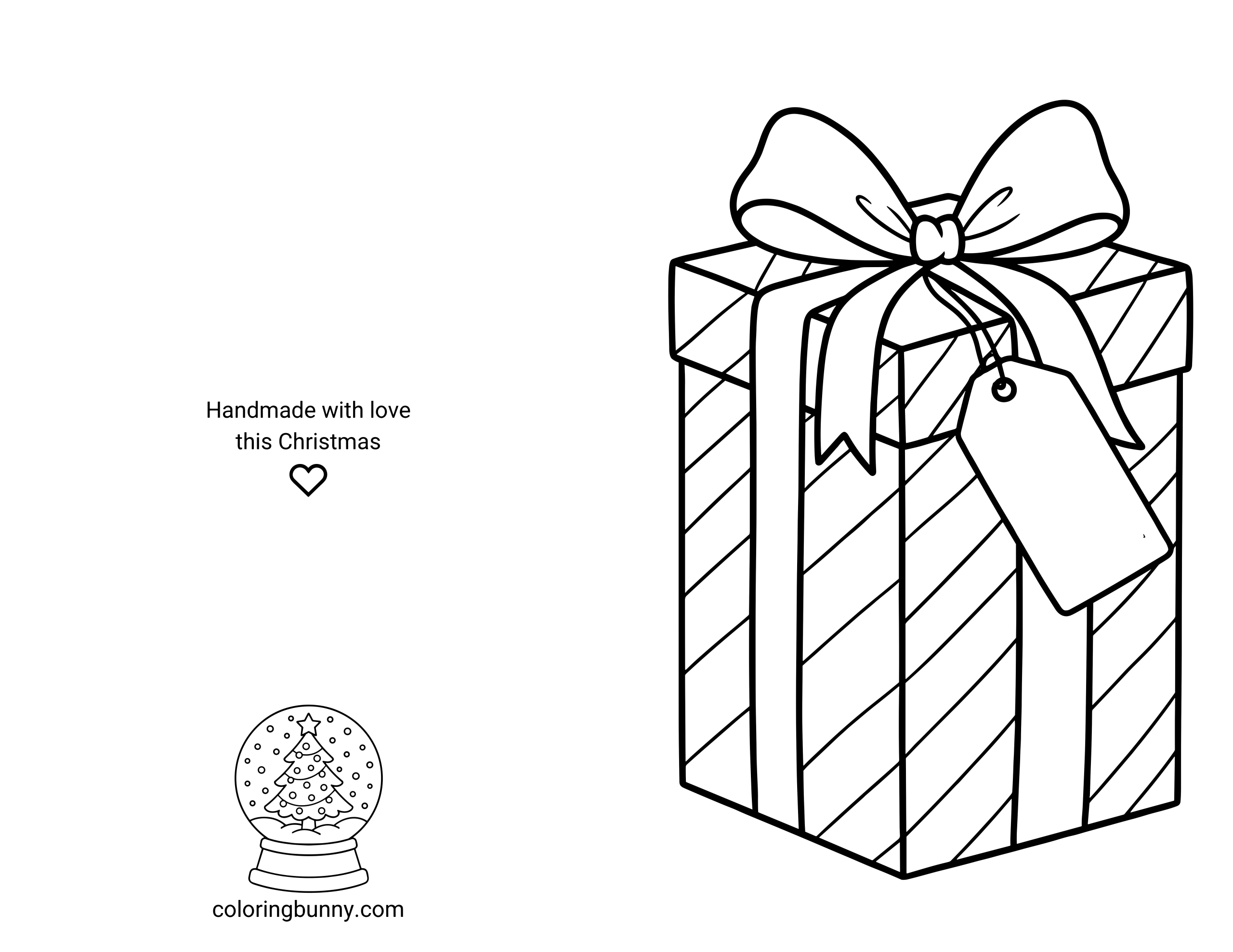 A printable and foldable Christmas card coloring page featuring a large wrapped present with a big bow and a hanging gift tag. The back of the card, on the left half of the page, includes the text “Handmade with love this Christmas,” a small heart icon, and a snow globe illustration with a Christmas tree.