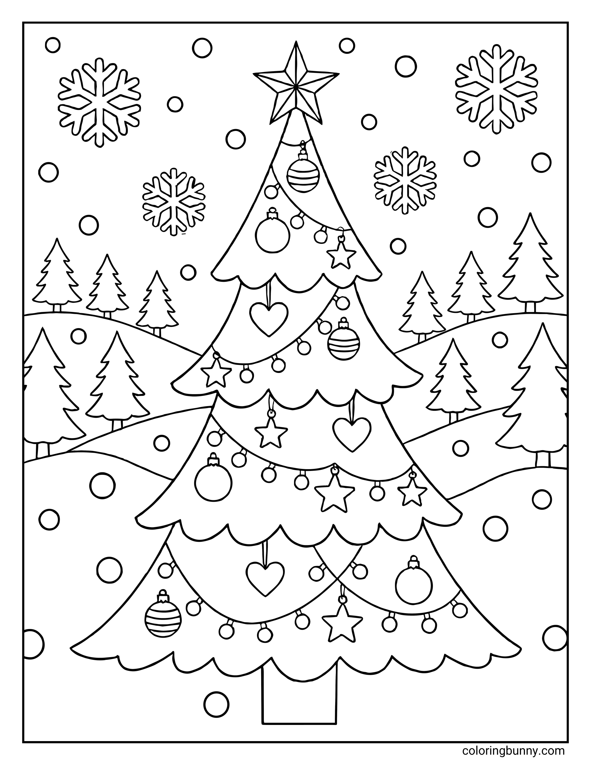 A coloring page featuring a very simple Christmas tree design. The tree has three triangular tiers, a star topper, and round baubles scattered on the branches.