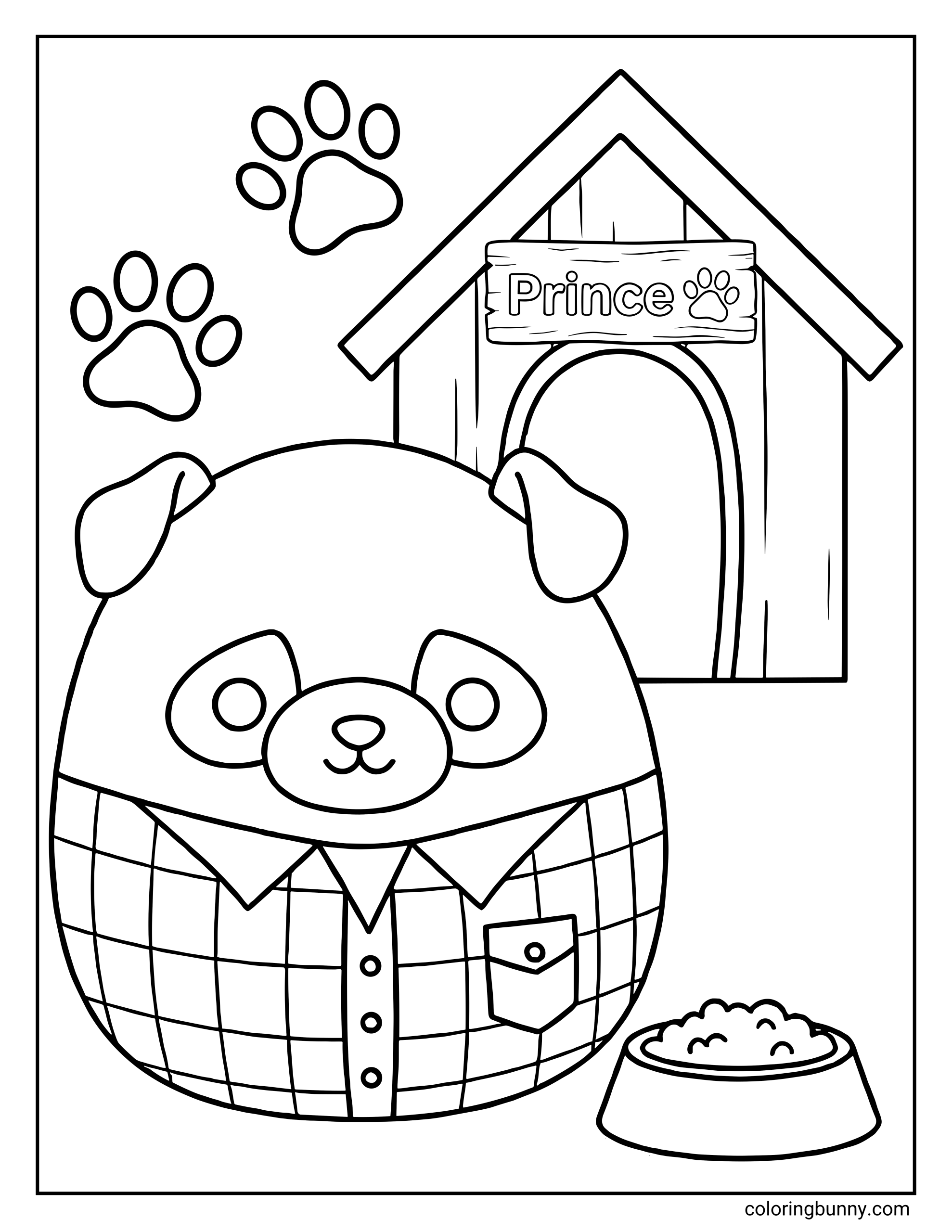 A Squishmallow coloring page of Prince the Pug sitting proudly in front of his wooden doghouse, wearing a buttoned plaid shirt with a pocket, round pug face with floppy ears and big eyes, surrounded by paw prints, a food bowl, and a doghouse sign that reads βPrince.β