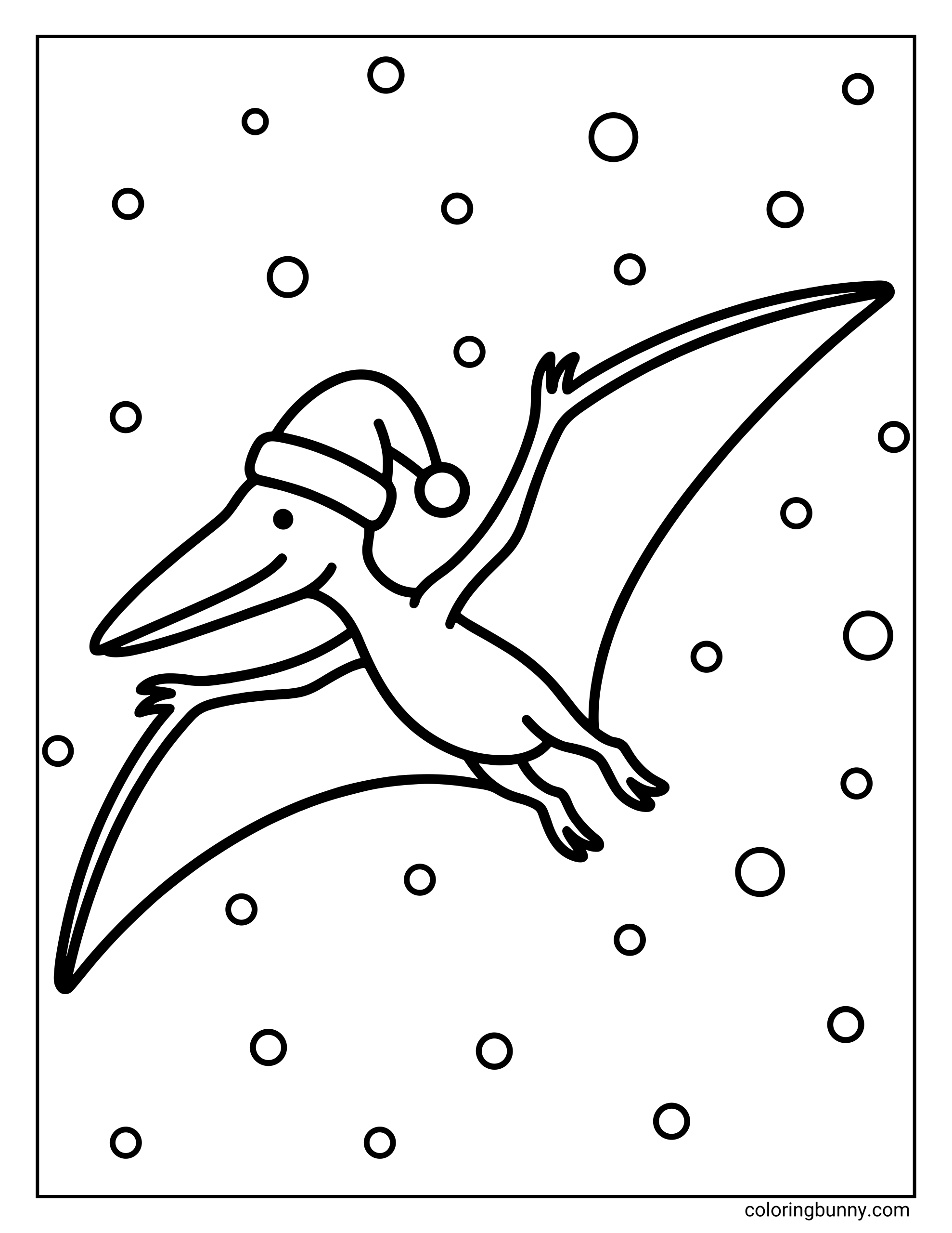 A simple dinosaur Christmas coloring page where a happy pterodactyl wearing a Santa hat flies through a snowy sky.