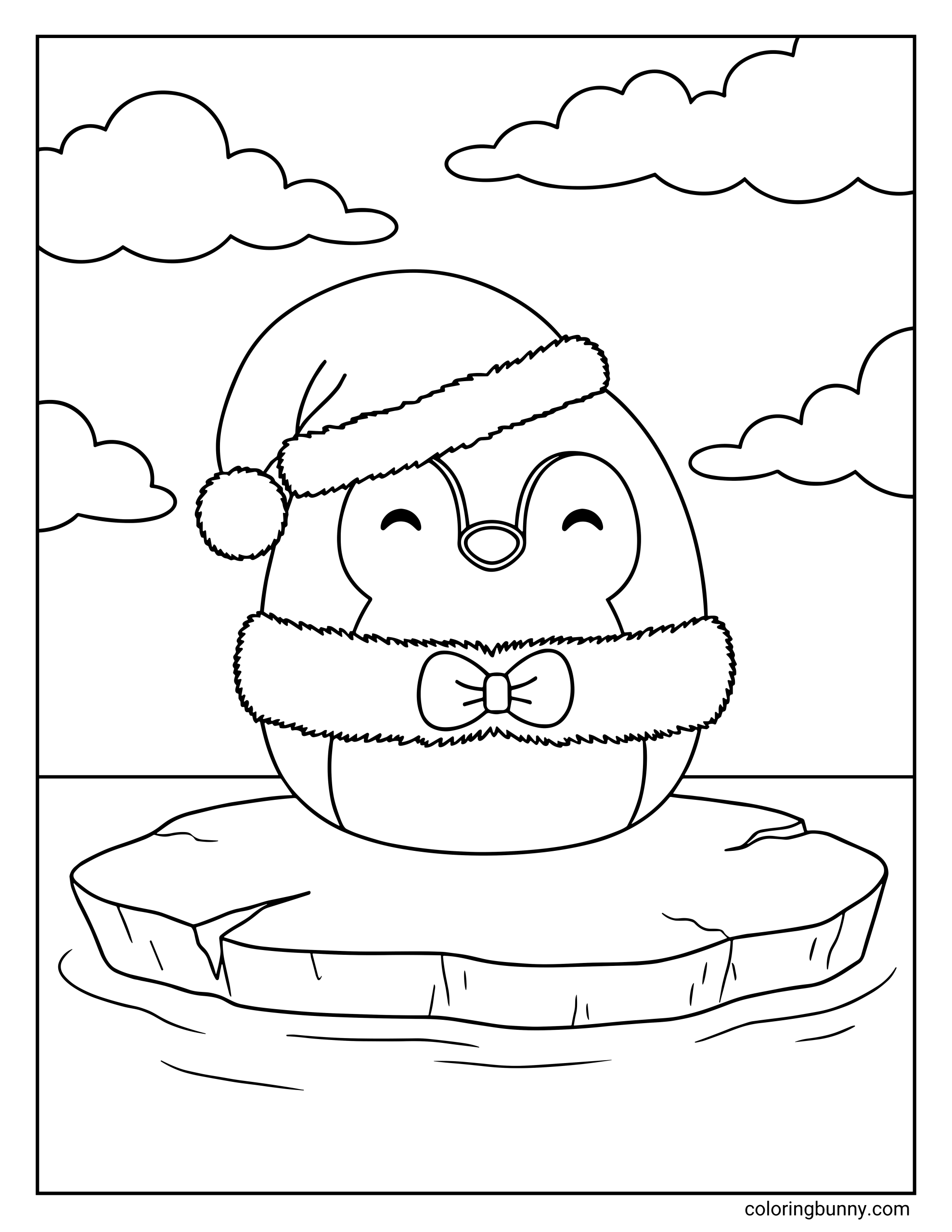 A Squishmallow coloring page of Puff the Penguin, shown sitting on a floating ice platform in the ocean while wearing a cozy Santa hat and a fluffy winter scarf with a bow at the front. Puff has a round, plush body with closed smiling eyes, a small beak, and simple facial details, with soft clouds in the sky behind and gentle water lines surrounding the ice to create a calm, wintry scene.