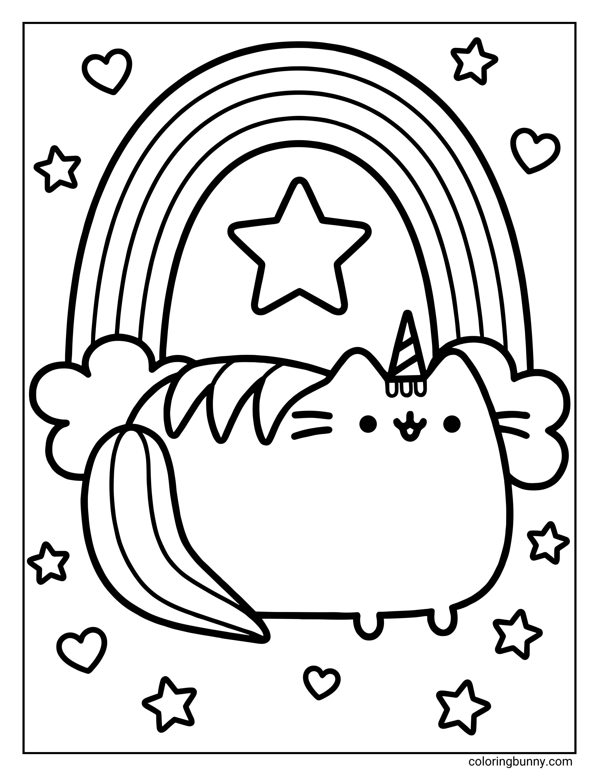A Pusheen unicorn coloring page featuring Pusheenicorn, a cute chubby cat-unicorn hybrid with a small striped horn, rounded body, tiny legs, and a flowing rainbow-style tail. Pusheenicorn stands beneath a large arched rainbow with a star in the center, surrounded by hearts and star shapes for a playful, kawaii-style scene.