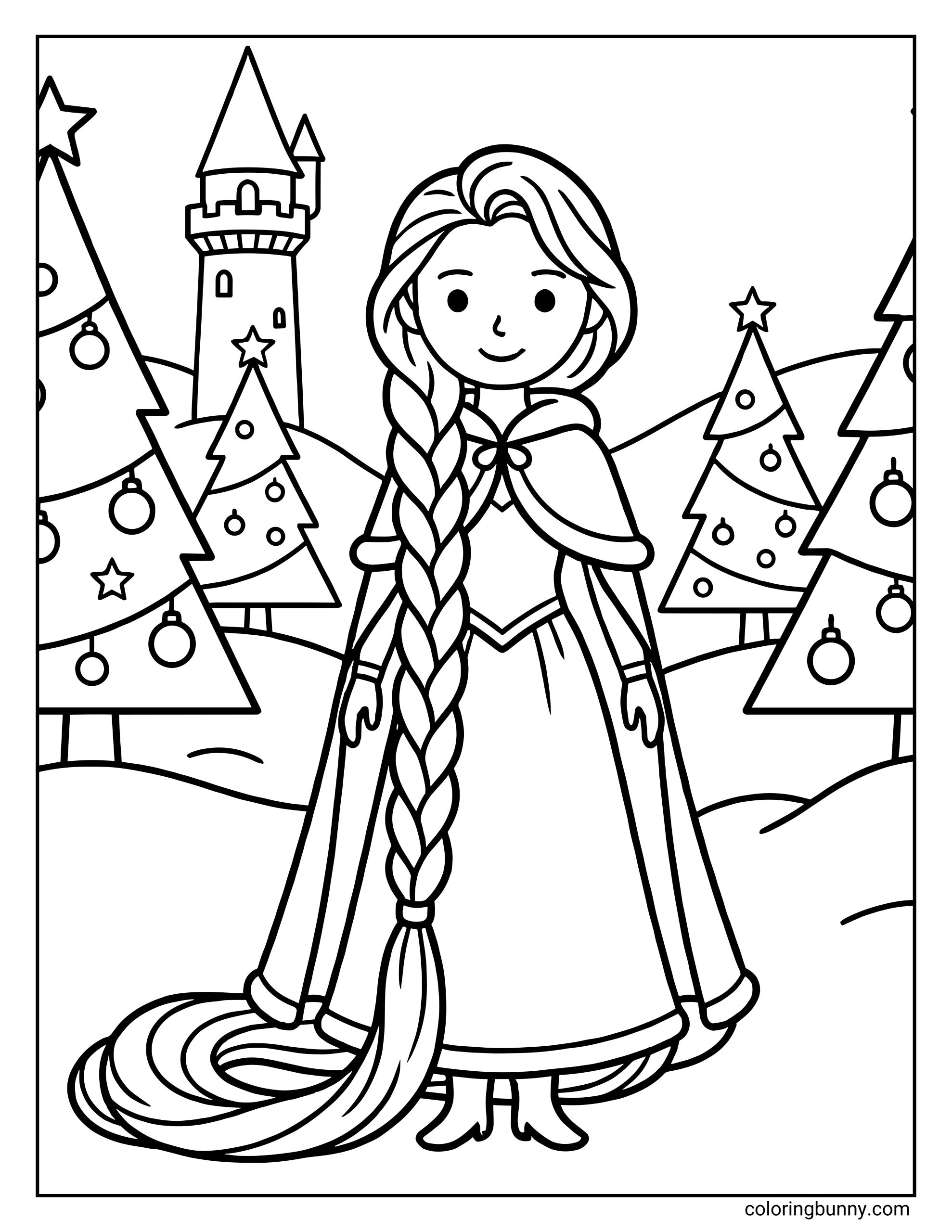 A festive Disney Christmas coloring page featuring Rapunzel standing in a wintery forest with decorated Christmas trees, her long braided hair flowing on the ground, and her tower visible in the background, creating a fairytale holiday scene.
