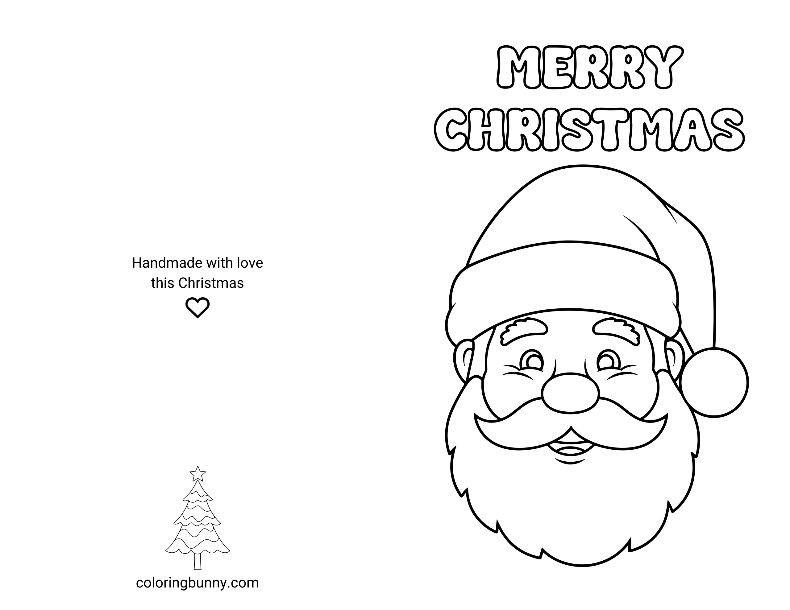 A printable and foldable Christmas card coloring page featuring a close-up Santa Claus face with a fluffy beard, festive hat, and cheerful expression. Above Santa, rounded block letters spell “Merry Christmas.” On the left half of the page, the back of the card includes the text “Handmade with love this Christmas,” a small heart icon, and a simple Christmas tree.