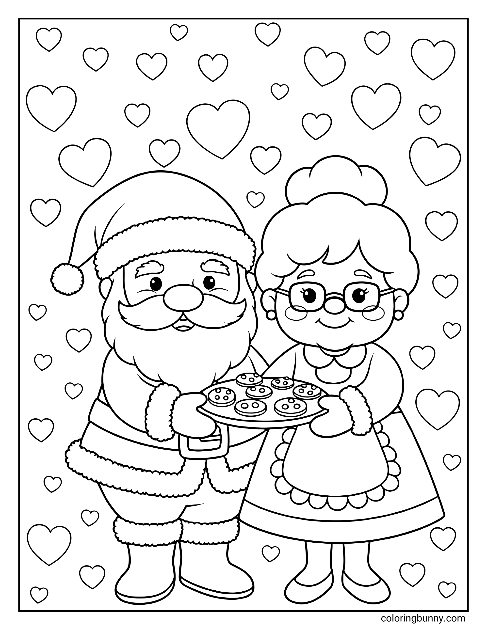 Coloring page featuring Santa Claus and Mrs. Claus standing together under a background of hearts, with Mrs. Claus holding a tray of cookies.