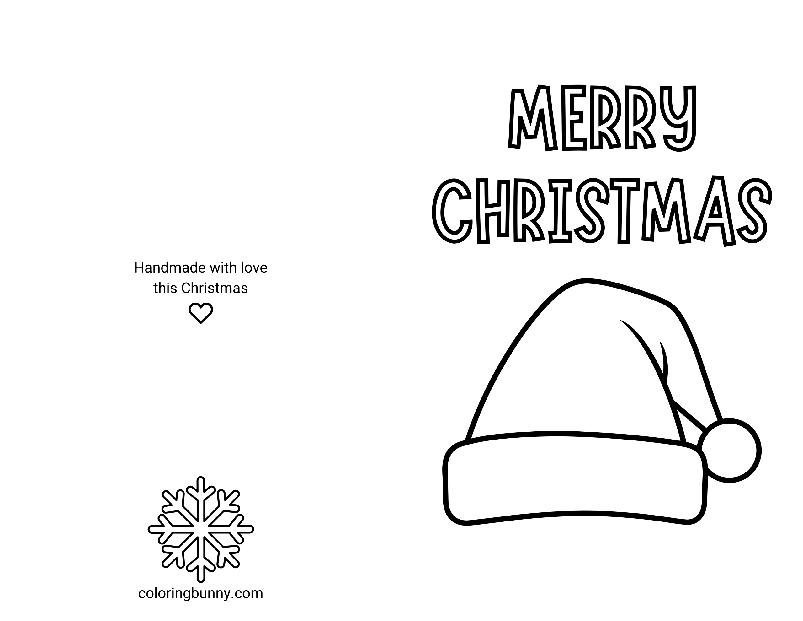 A printable and foldable Christmas card coloring page featuring a large Santa hat below the words “Merry Christmas” in bold block lettering. On the left half of the page, the back of the card displays the text “Handmade with love this Christmas,” a small heart icon, and a snowflake illustration.