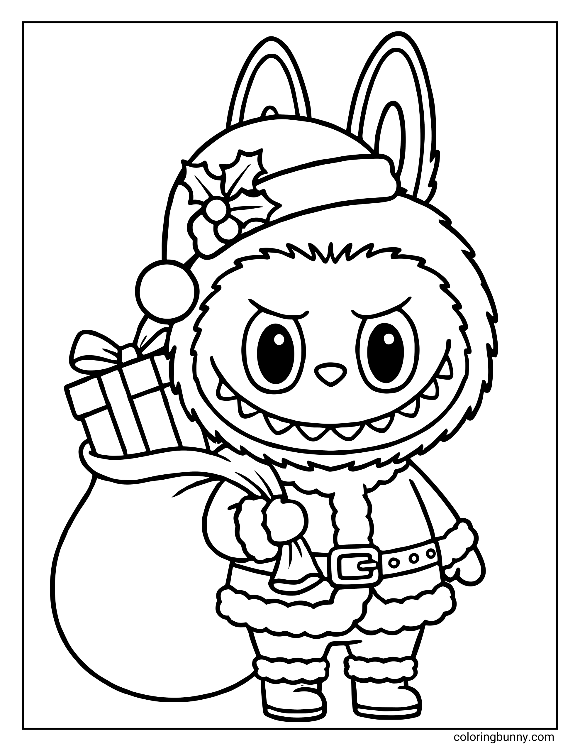 A Labubu Christmas coloring page of Labubu dressed as Santa Claus carrying a large toy sack with a gift box peeking out, wearing a hat decorated with holly.