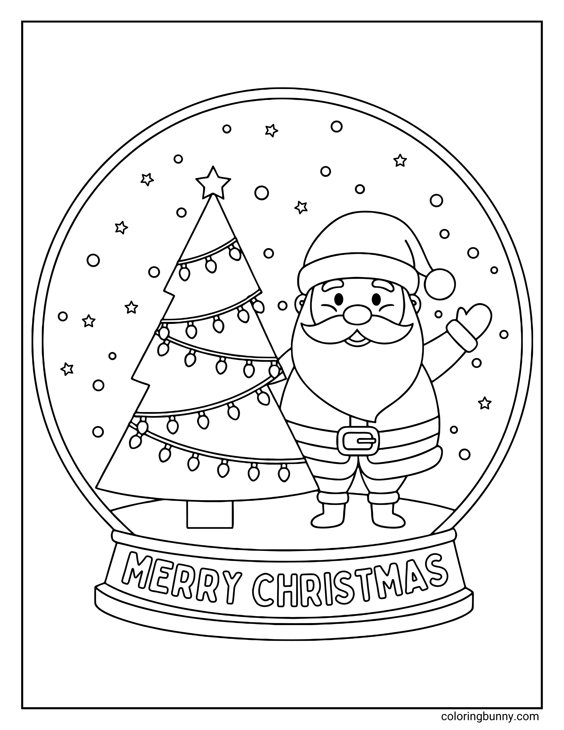 A festive Santa Christmas coloring page showing Santa inside a snow globe beside a decorated Christmas tree, with stars and snow dots floating around him. The base of the globe reads “Merry Christmas,” and the whole scene is outlined clearly for easy coloring fun on this holiday-themed coloring sheet.