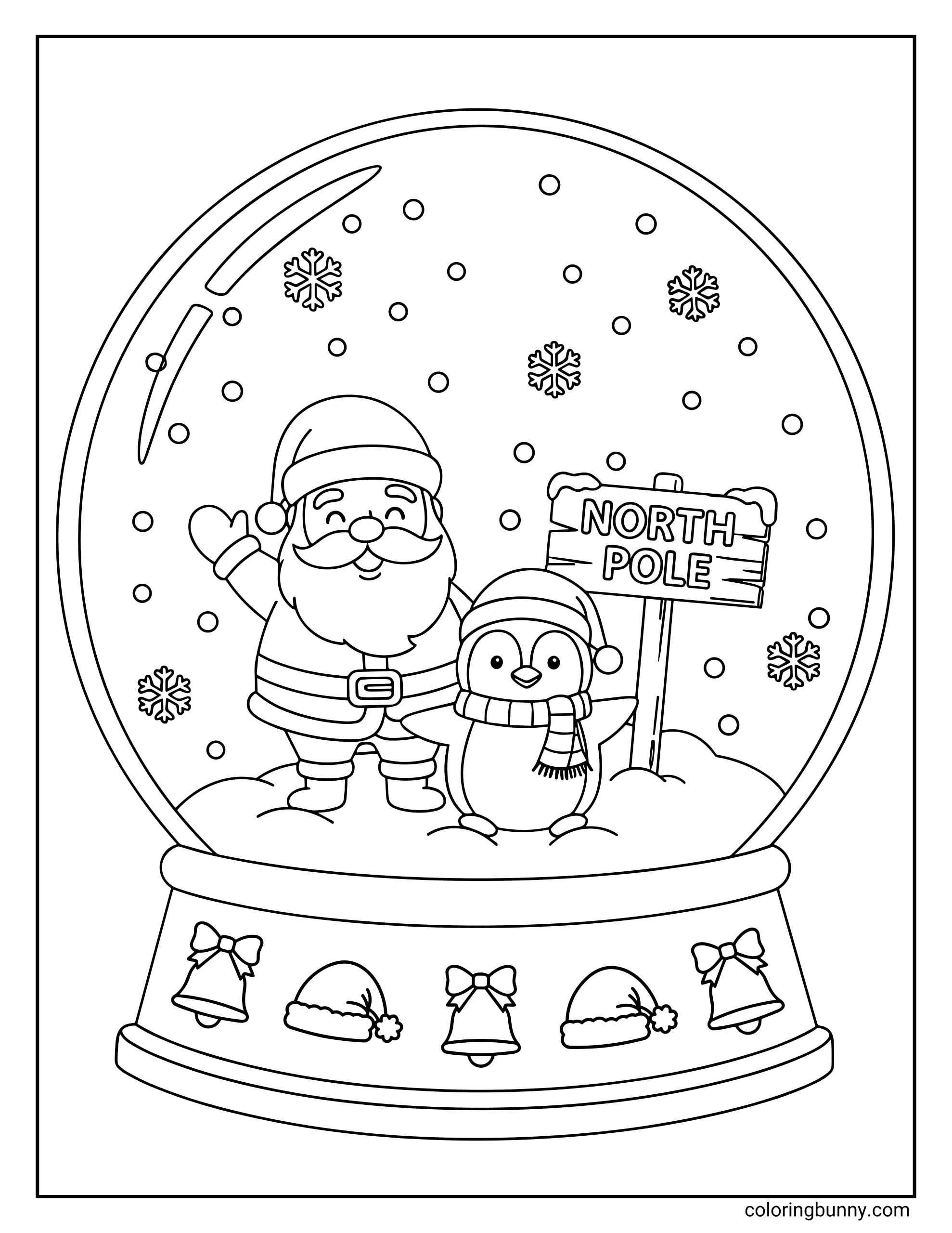 Christmas snow globe coloring page featuring Santa Claus and a cute penguin standing next to a sign that reads "NORTH POLE" with bells and hats on the base.