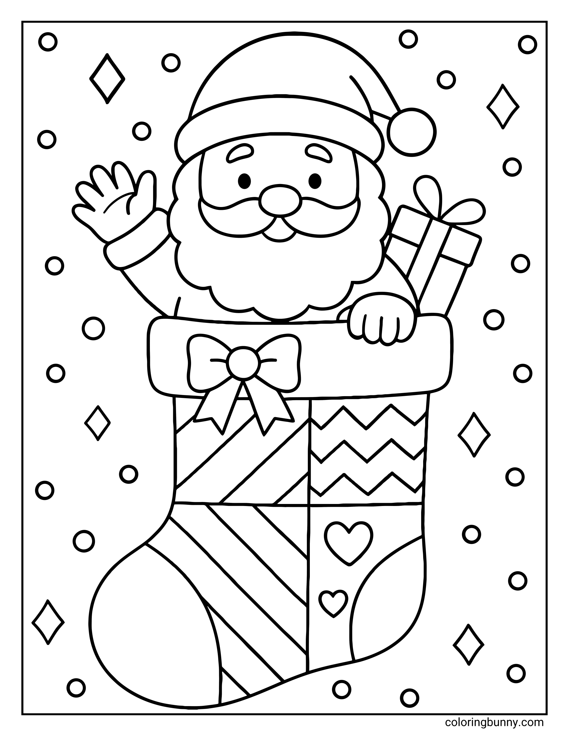 A Santa coloring page showing Santa Claus peeking out of a large Christmas stocking decorated with stripes, zigzags, and hearts. He is waving with one hand and holding a wrapped present with a bow in the other. The background has circles and diamond shapes, all inside a rectangular frame.