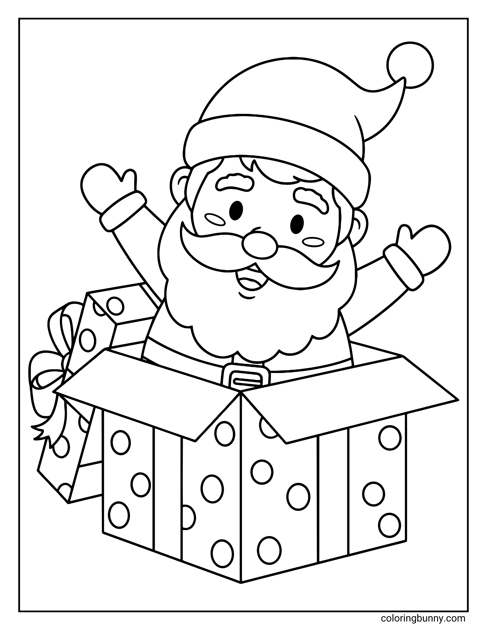 Santa Claus coloring page featuring a cute Santa popping out of a gift box decorated with polka dots and a ribbon.