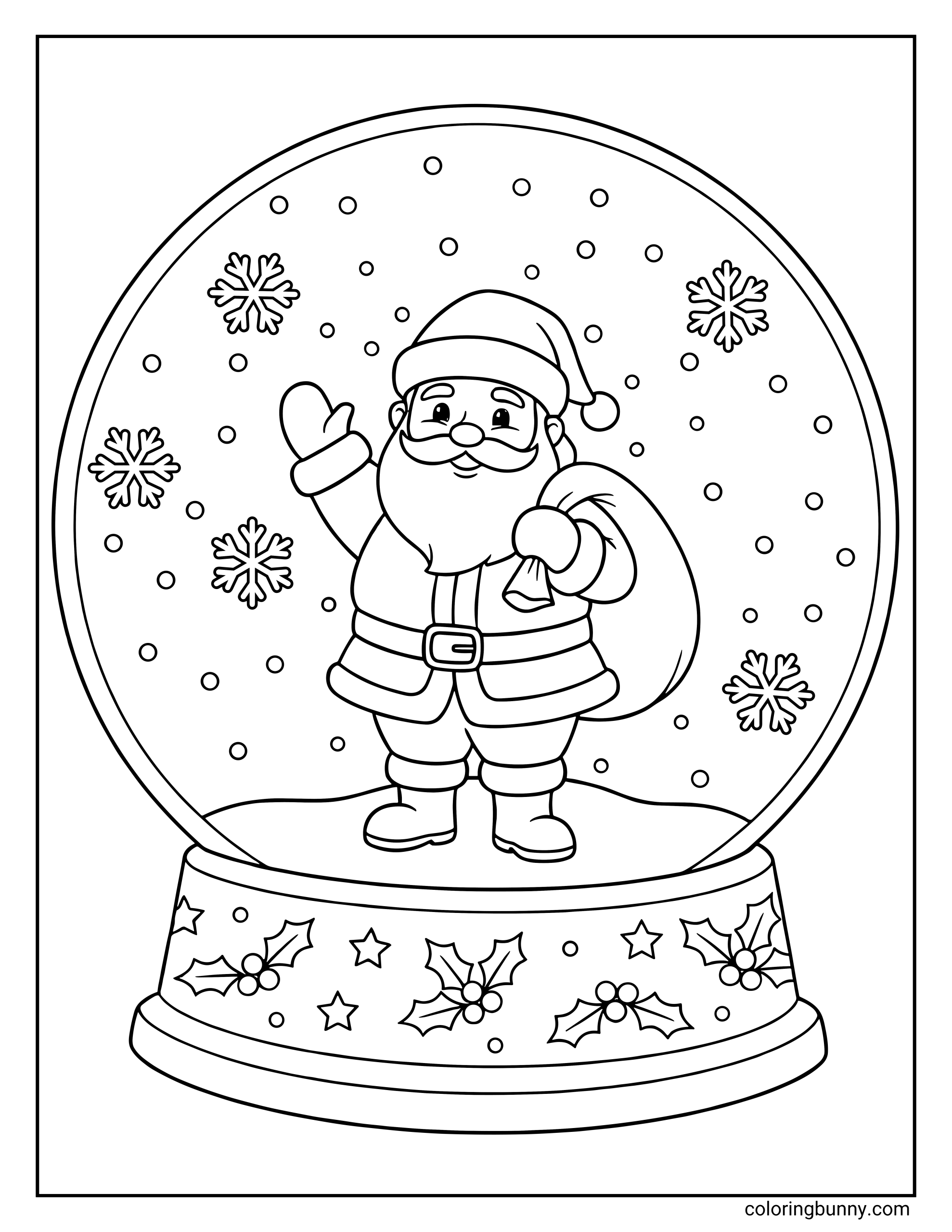 snow globe coloring page featuring Santa Claus waving and holding a toy sack, with holly leaves and stars decorating the base.