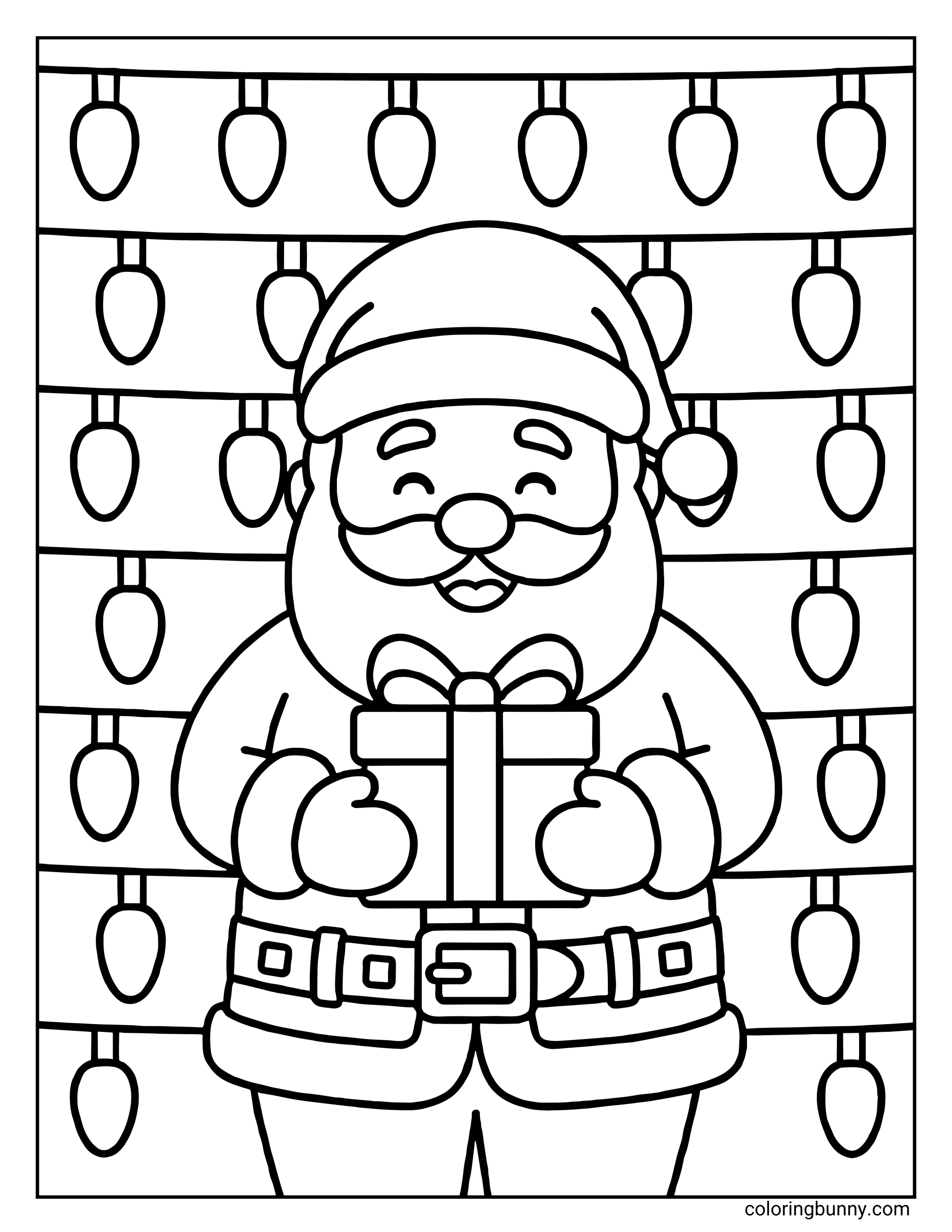 A coloring page illustrating a happy Santa Claus holding a wrapped gift box. He stands against a backdrop of horizontal strings of large Christmas light bulbs.
