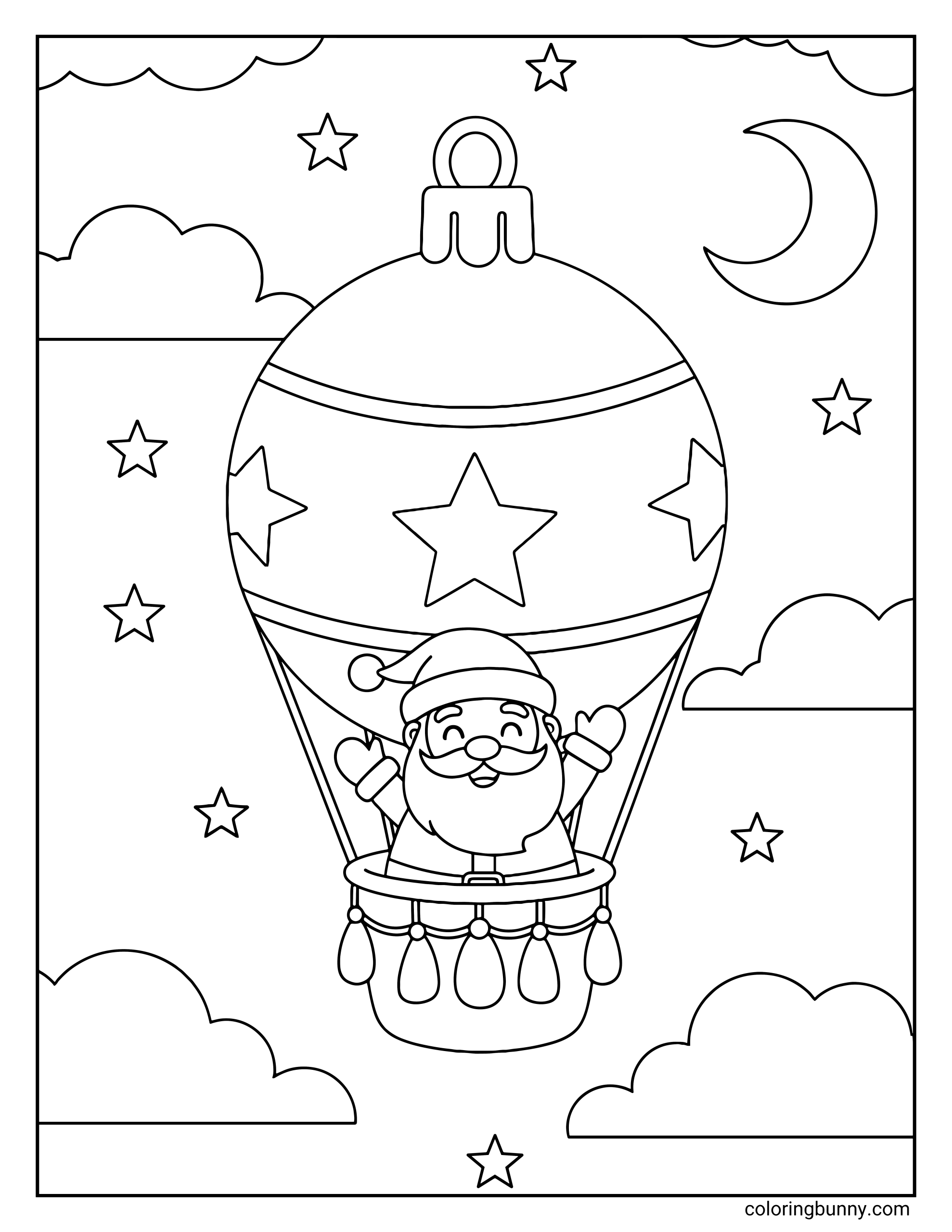 Coloring page of Santa Claus waving from inside a hot air balloon shaped like a decorated bauble, surrounded by clouds, stars, and a crescent moon.