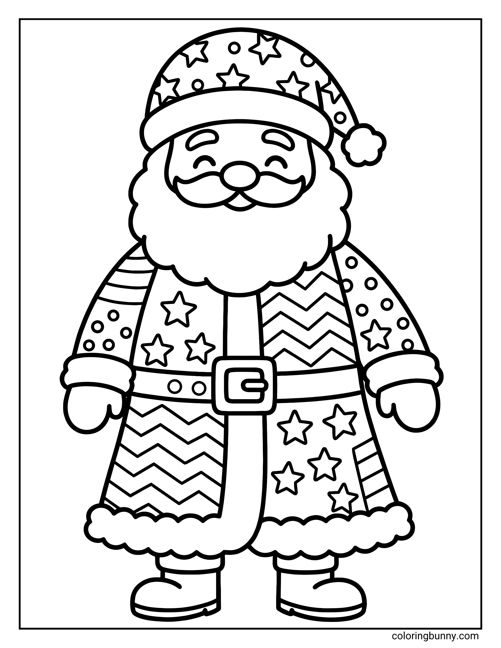 Santa Claus coloring page featuring a smiling Santa wearing a large coat and hat covered in patchwork patterns like stars, stripes, and zig-zags.