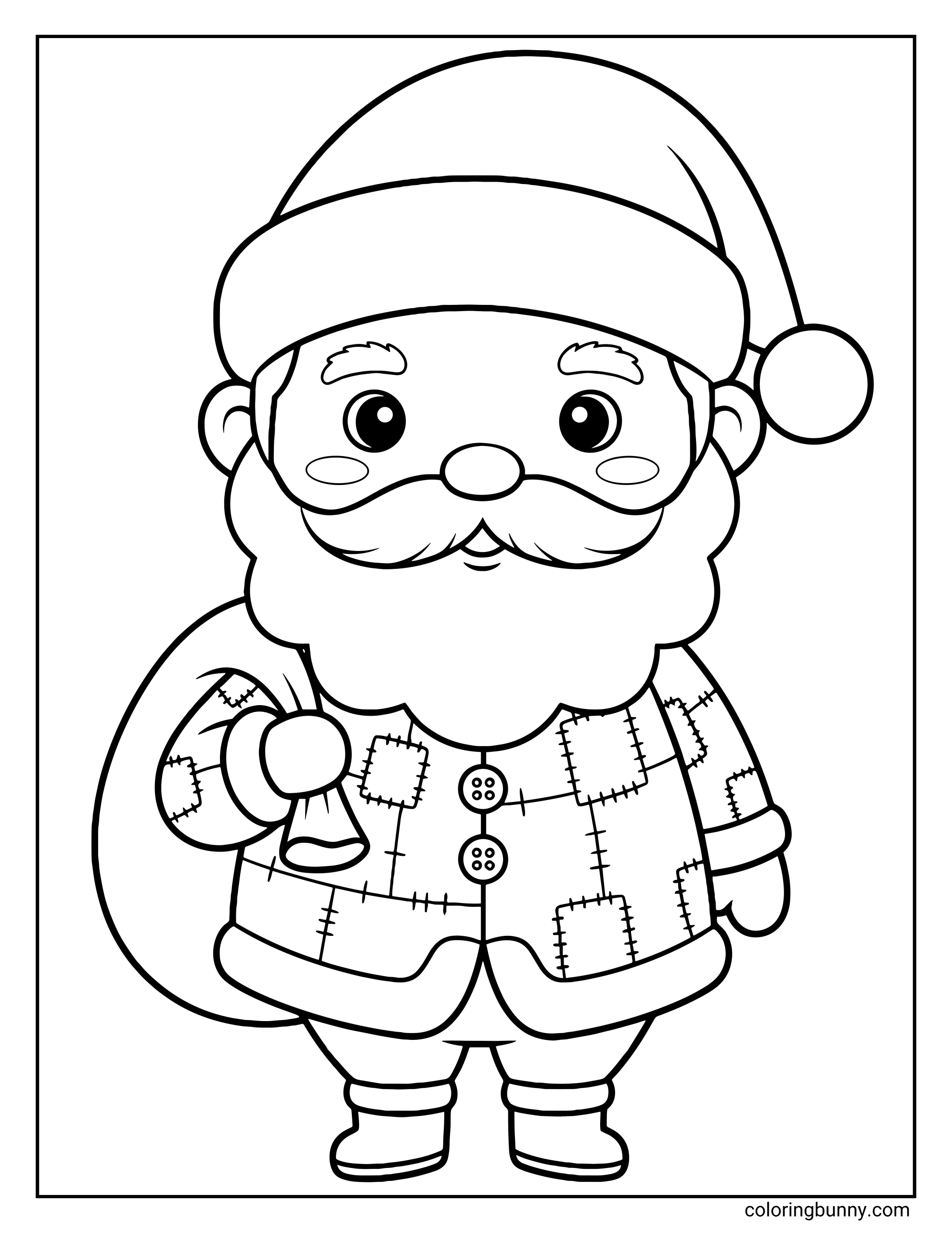 Santa Claus coloring page featuring a cute Santa wearing a coat with patchwork squares and holding a bag of presents.