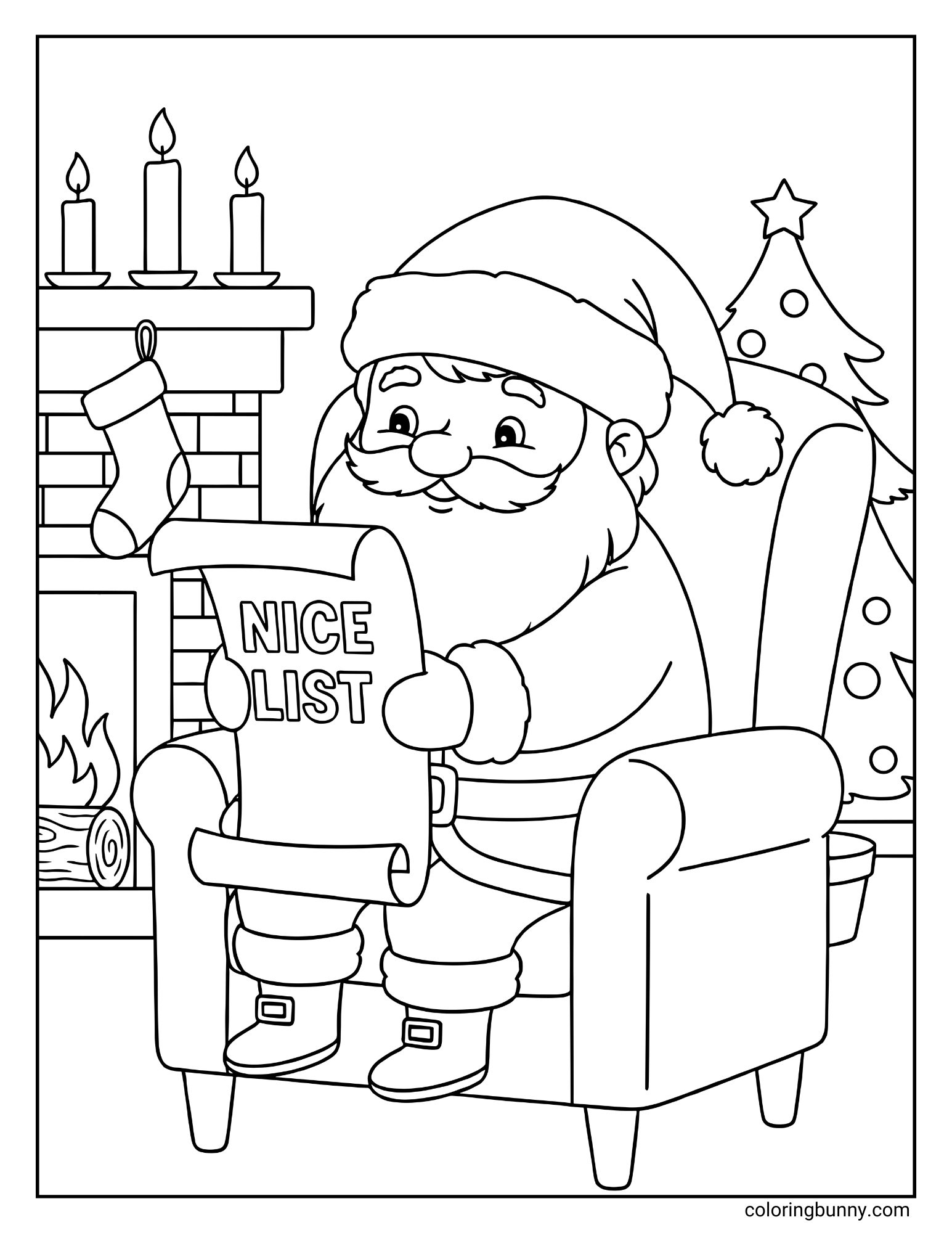 Santa Claus coloring page featuring a smiling Santa sitting in an armchair reading a scroll labeled "NICE LIST" near a fireplace and Christmas tree.