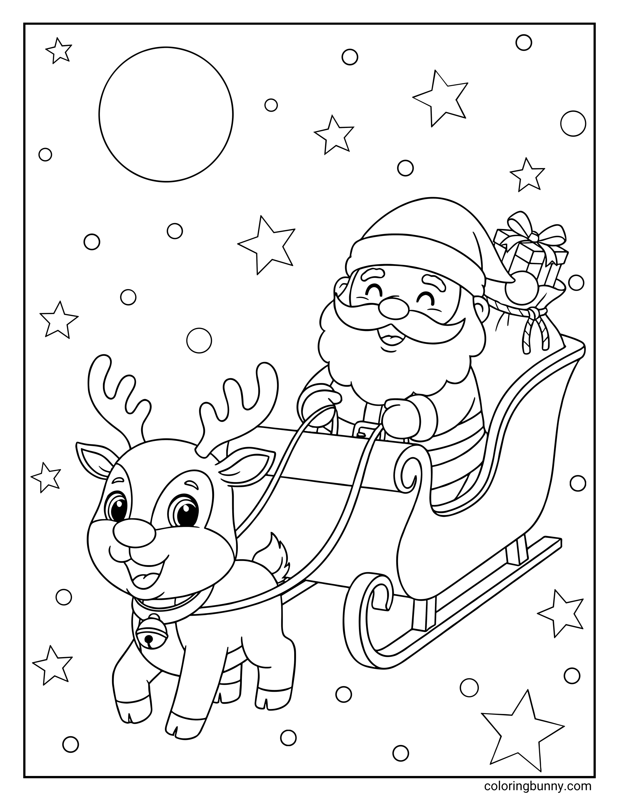 Santa Claus coloring page featuring a smiling Santa in a sleigh with gifts, pulled by a cute reindeer under a moon and stars.