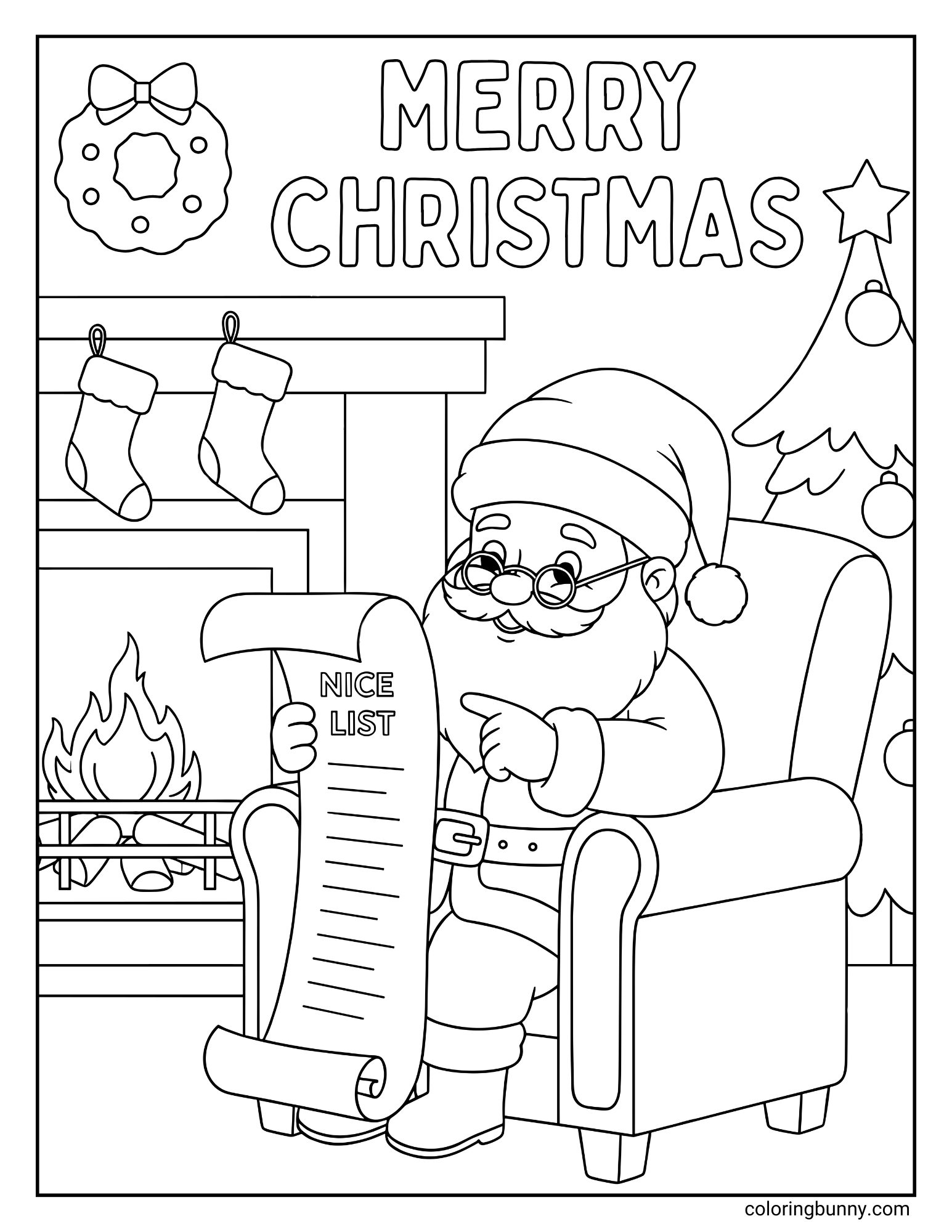 Santa coloring page with the text "MERRY CHRISTMAS" above Santa Claus wearing glasses, sitting in an armchair near a fireplace and Christmas tree, and pointing at a "NICE LIST" scroll.
