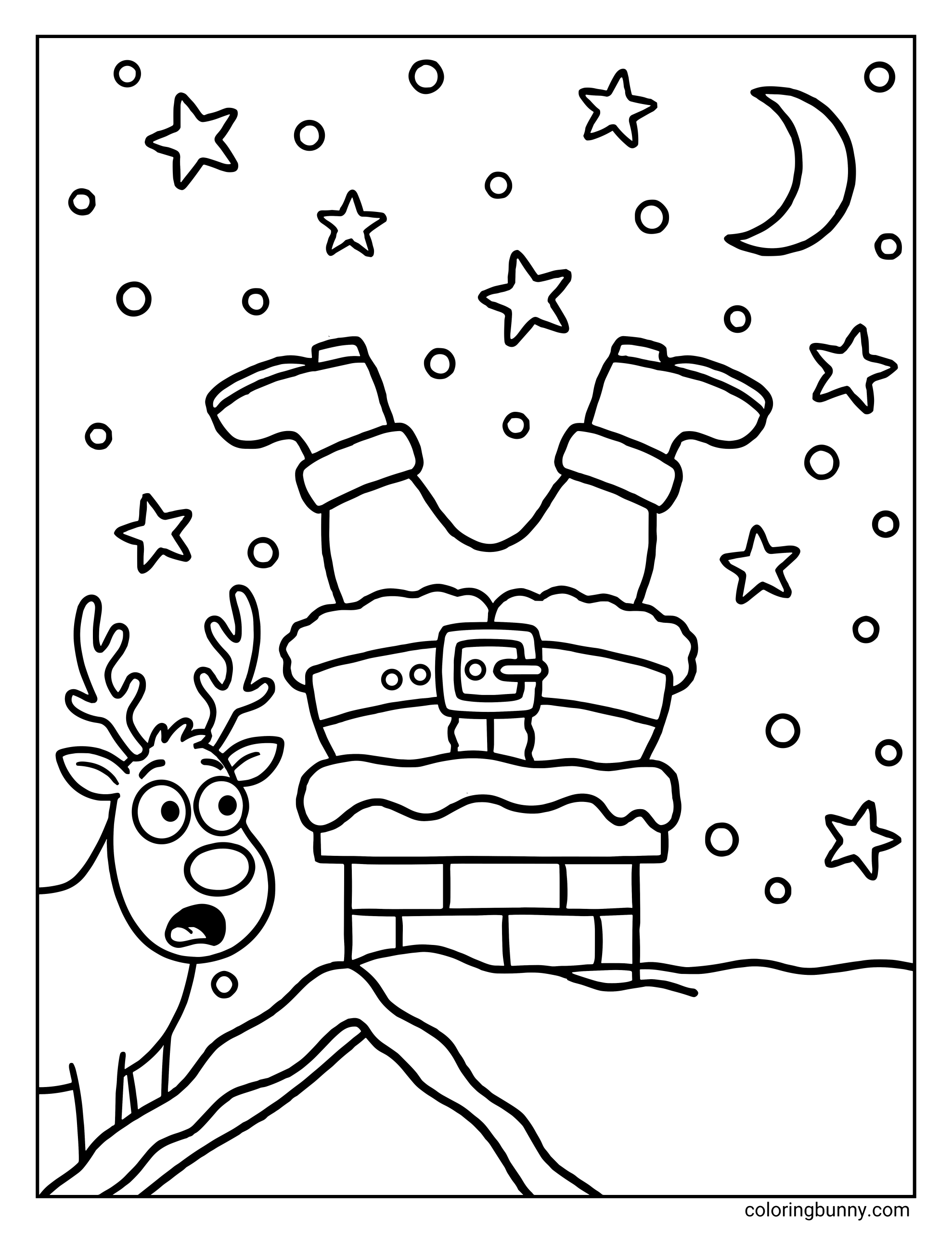 A coloring page of Santa Claus stuck upside down in a chimney with only his legs showing, while a surprised reindeer watches under a starry night sky.