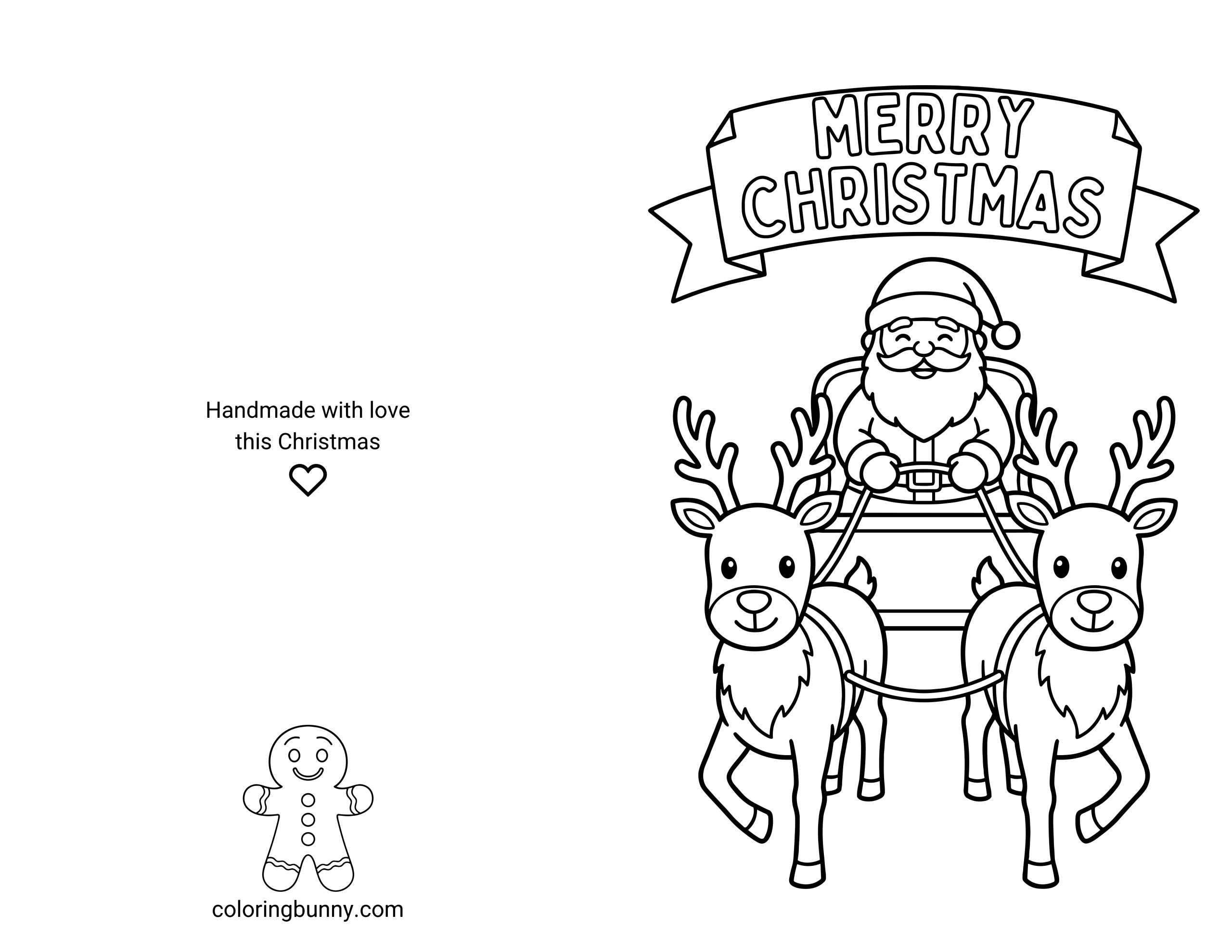 A printable and foldable Christmas card coloring page showing Santa riding in his sleigh pulled by two reindeer. Above the scene is a large festive banner that reads “Merry Christmas.” On the left half of the page, the back of the card includes the text “Handmade with love this Christmas,” a small heart icon, and a gingerbread man illustration.