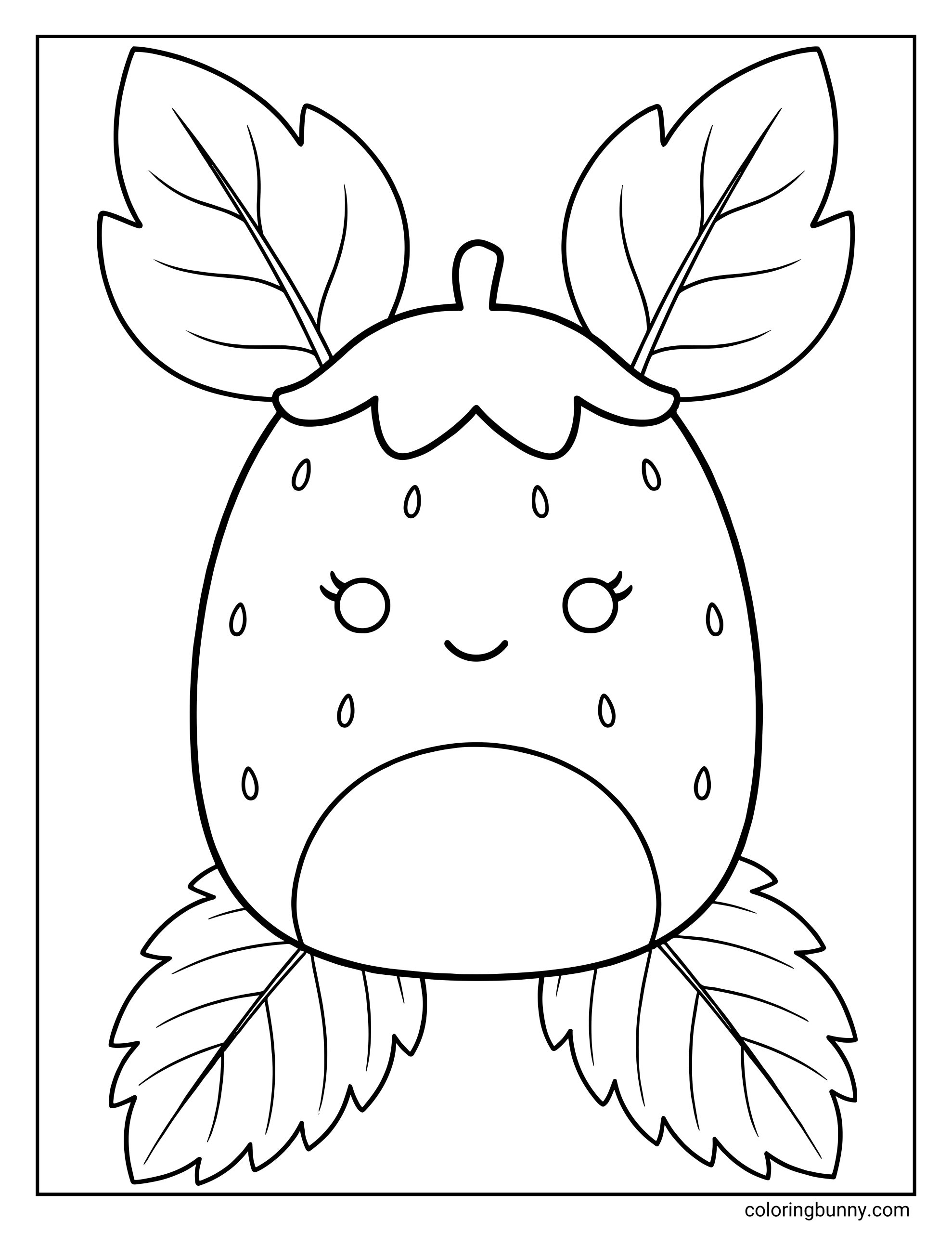 A Squishmallow coloring page of Scarlet the Strawberry, shown as a round plush strawberry character with tiny seed details, a smiling face, and leafy strawberry leaves on top. Large decorative leaves surround the character, giving the page a simple, playful design.