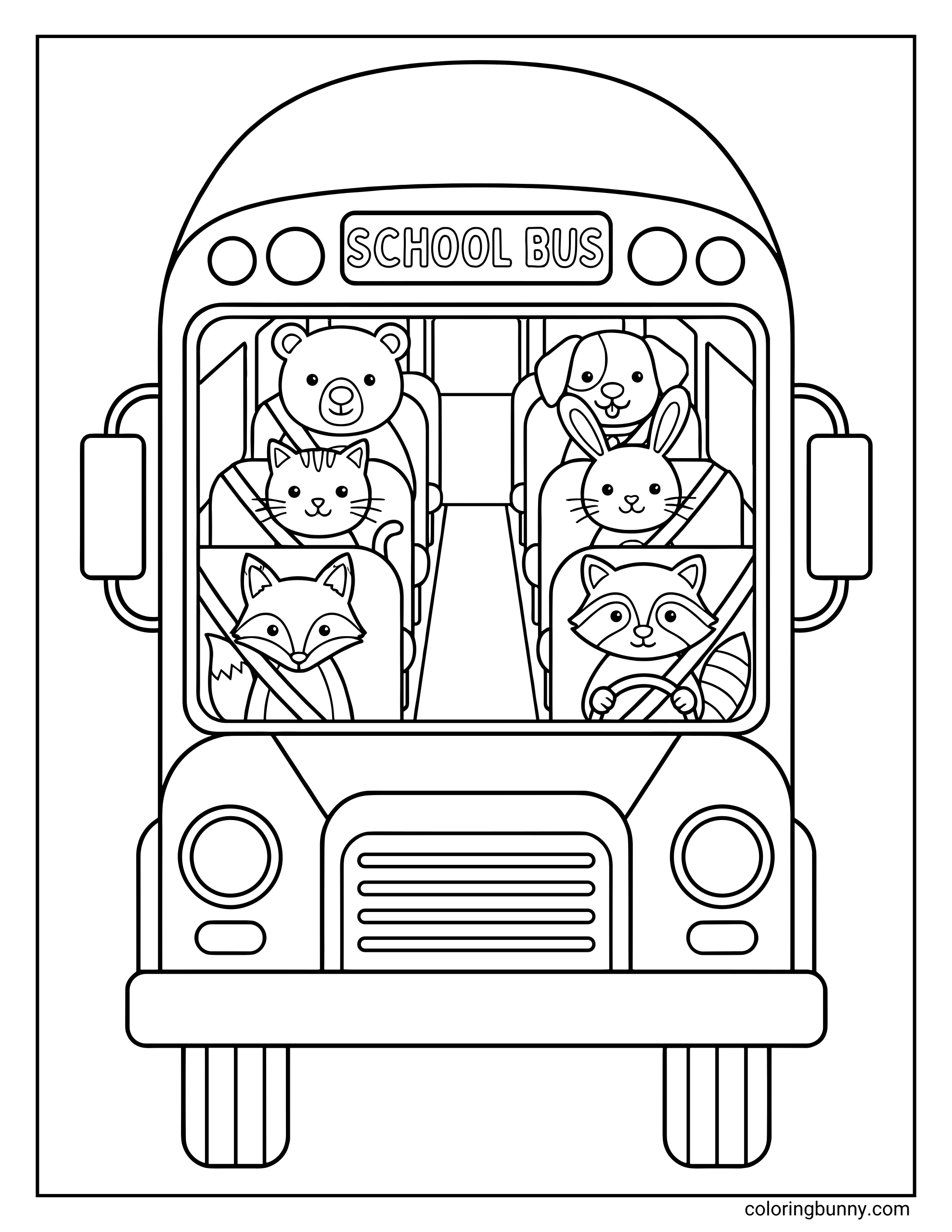 A back to school coloring page featuring the front view of a school bus with the words “SCHOOL BUS” displayed above the windshield. Inside the bus, a group of cute animal students sit in their seats wearing seatbelts, including a bear, dog, cat, rabbit, fox, and raccoon.