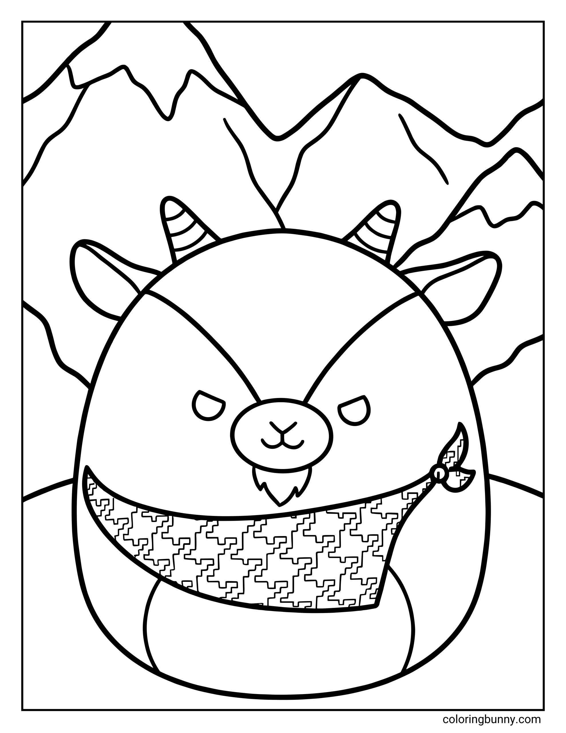 A Squishmallow coloring page of Shirley the Goat standing confidently in front of tall, jagged mountains. She has small curved horns, pointed ears, and a patterned bandana around her neck, giving the scene a bold outdoor adventure feel.
