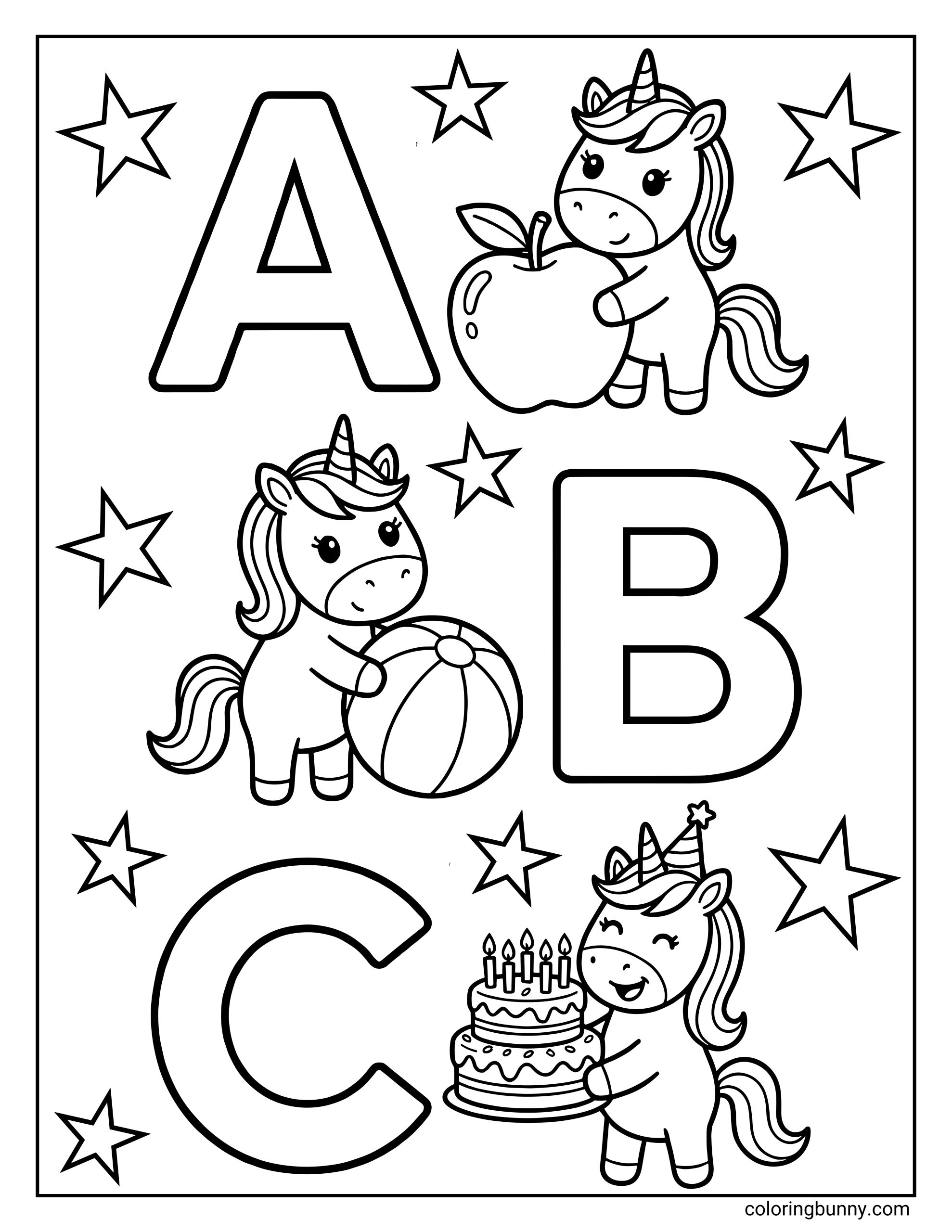 A alphabet unicorn coloring page featuring the letters A, B, and C, each paired with a cute unicorn holding an apple, a ball, and a birthday cake, surrounded by stars for a fun alphabet learning theme.