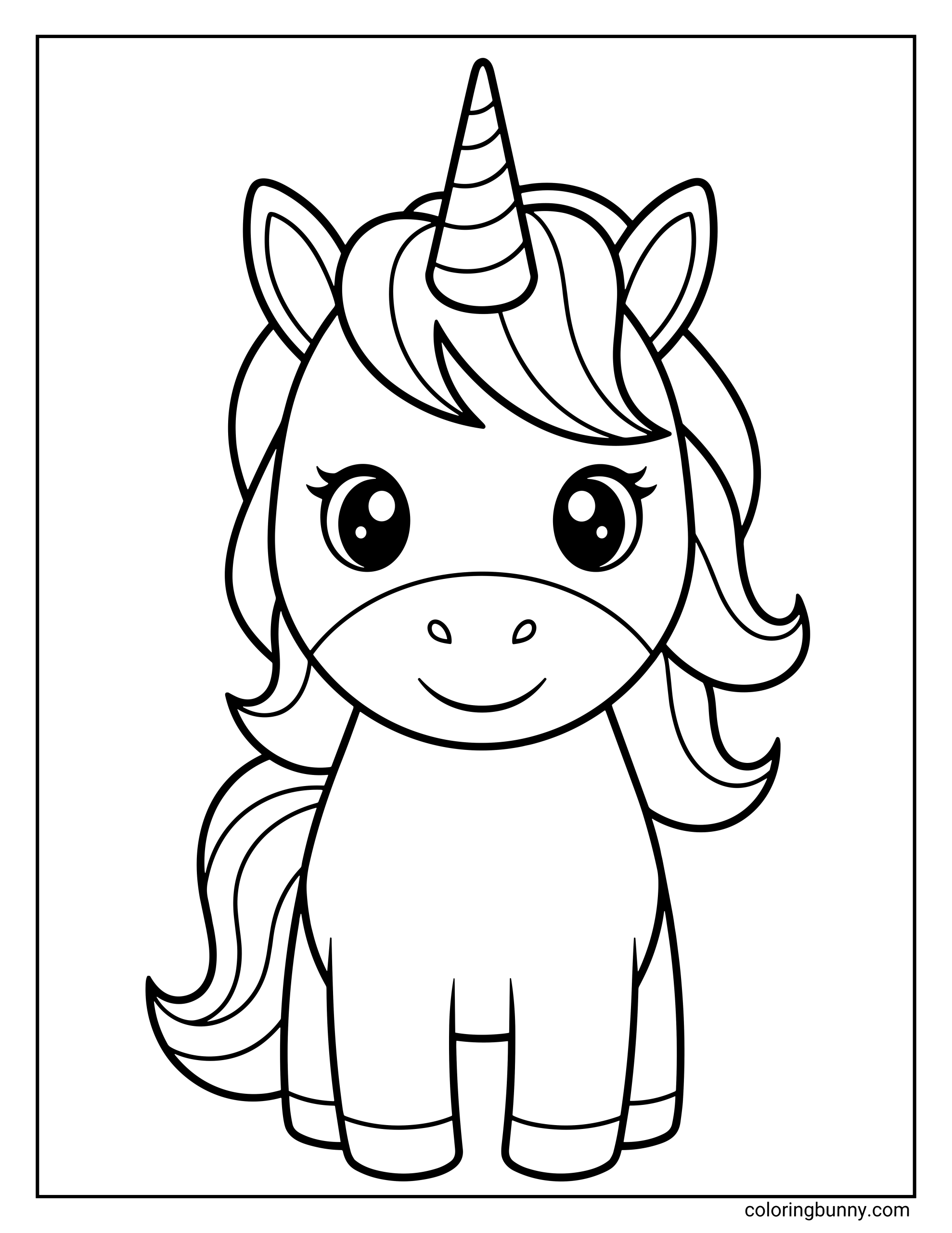 A baby unicorn coloring page featuring a cute baby unicorn standing front-facing, with a short spiraled horn, big round eyes, small ears, and a gentle smile. The baby unicorn has a soft flowing mane, a simple rounded body, and short legs, drawn in a clean, bold outline style that’s easy to color.