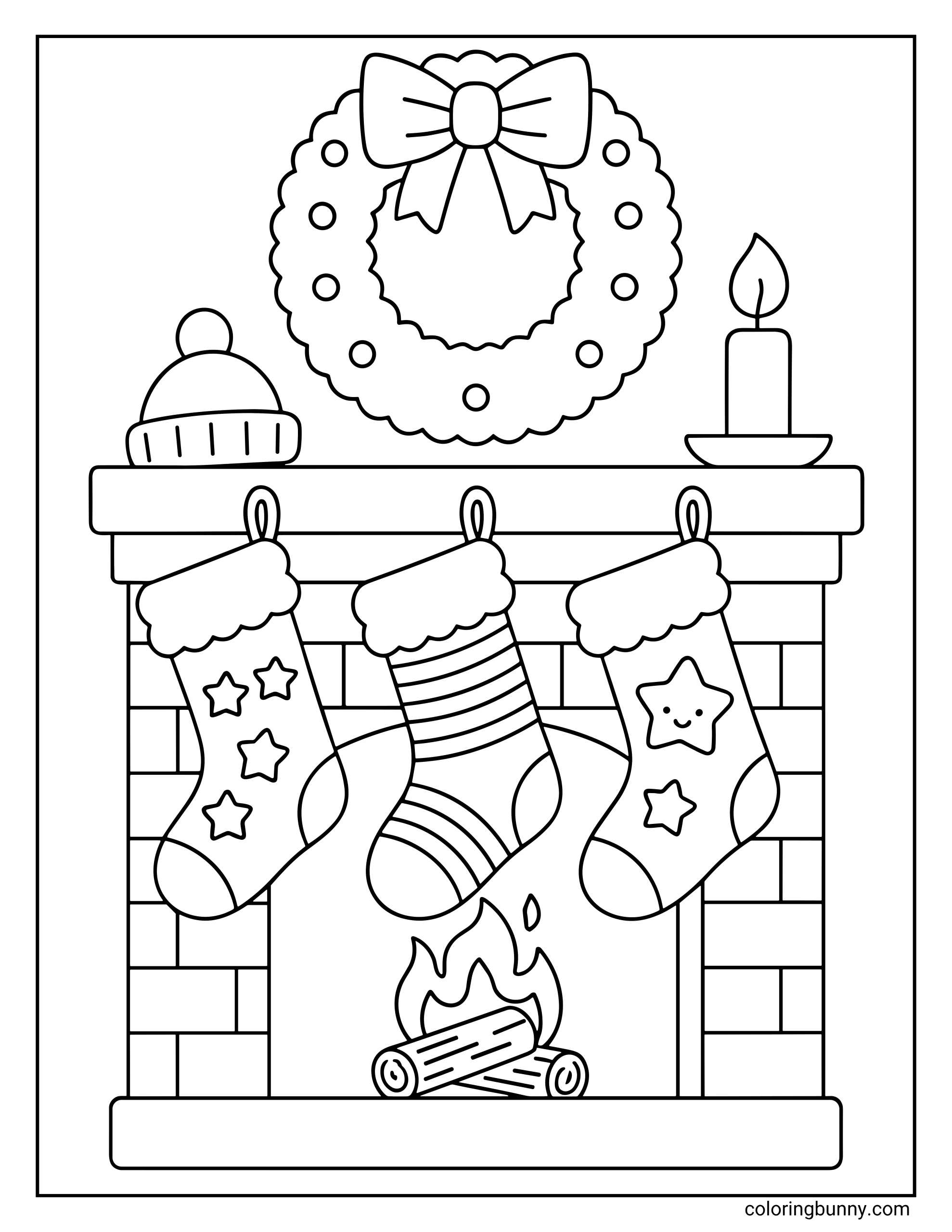 A Christmas stocking coloring page of a brick fireplace with logs and flames inside. Three stockings with fluffy tops hang from the mantel, decorated with stars, stripes, and a smiling star. A candle sits on one side of the mantel and a winter hat on the other, while a wreath with a bow hangs above. The scene is outlined within a rectangular border.