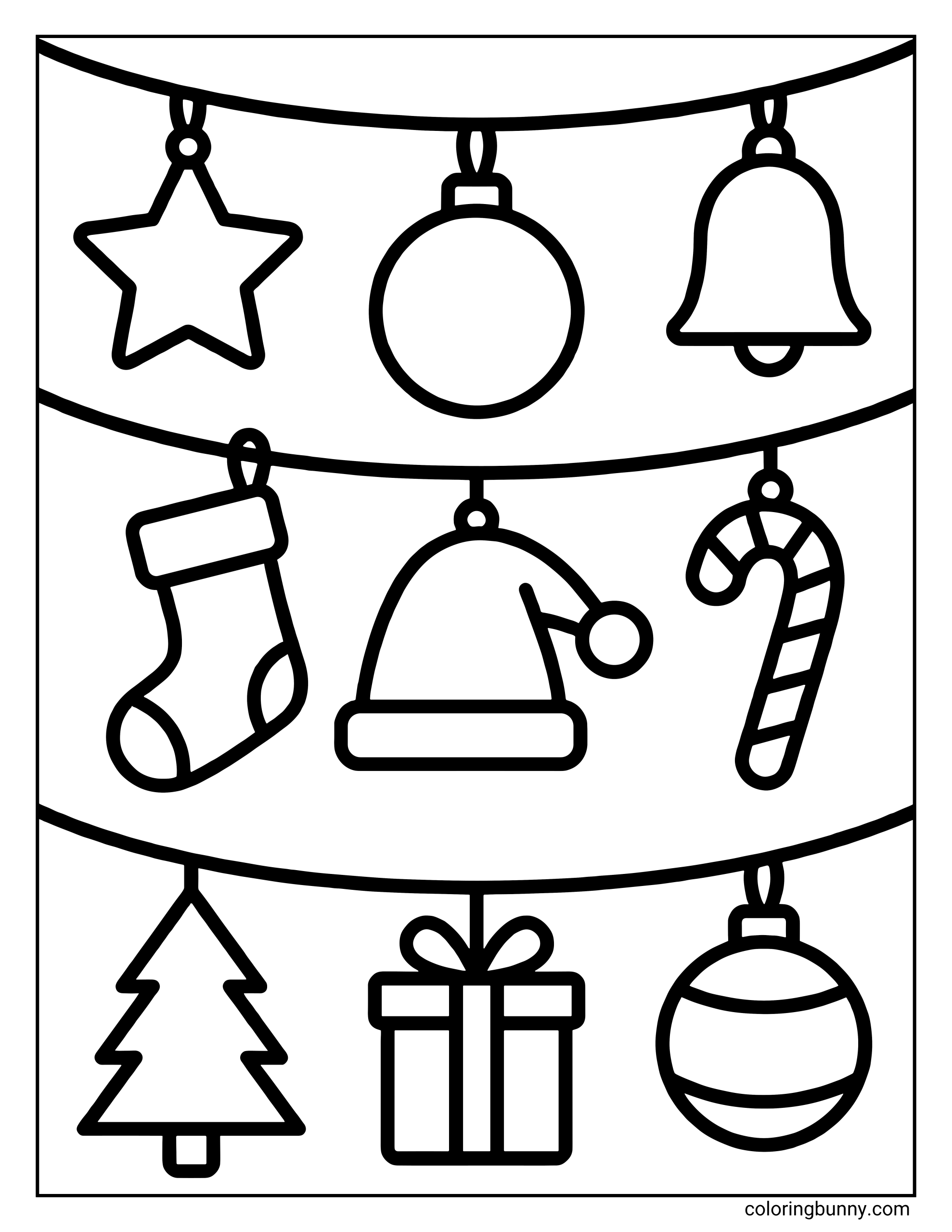Christmas coloring page showing three rows of hanging holiday symbols, including a star, bell, stocking, Santa hat, candy cane, and a gift box.