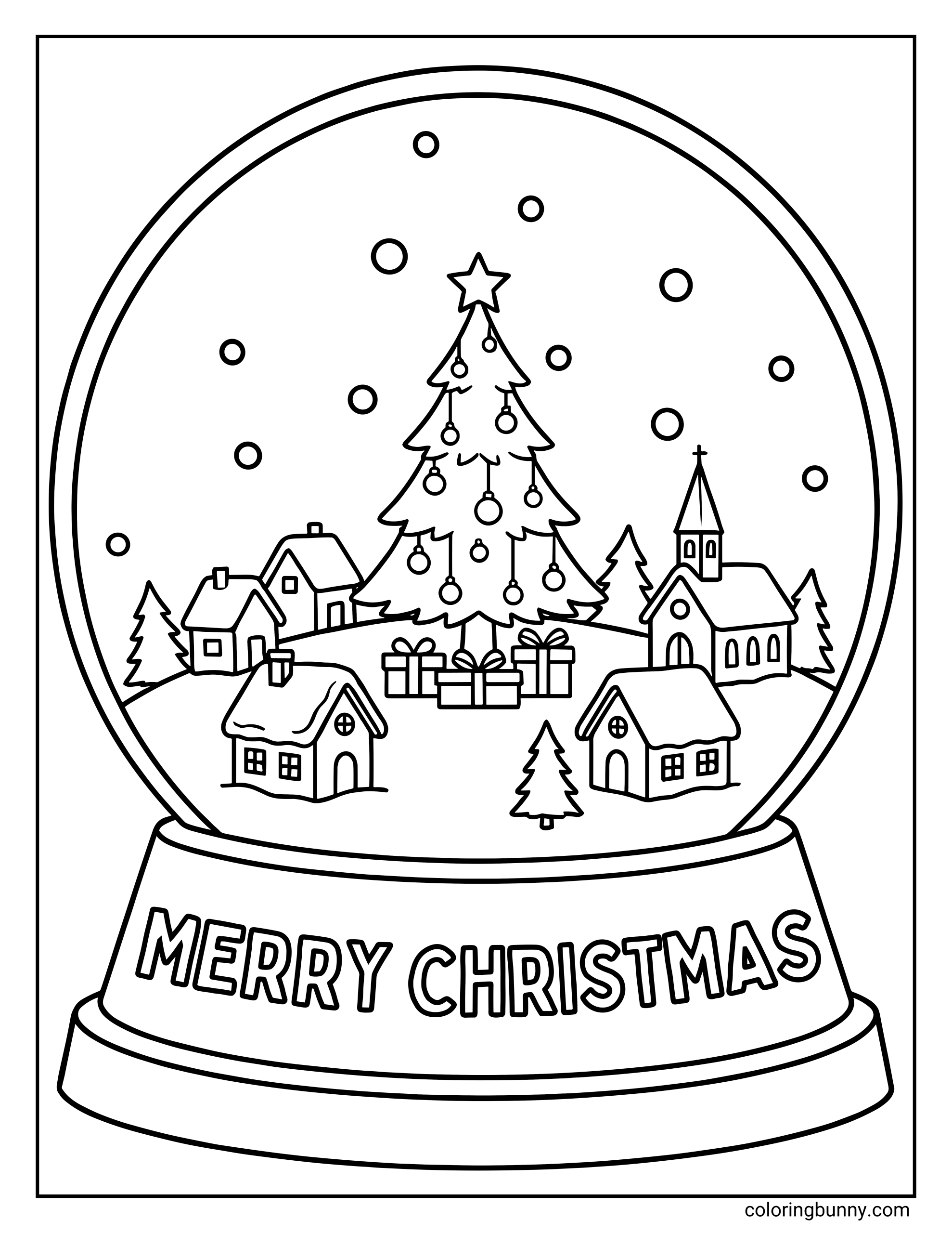 Christmas snow globe coloring page featuring a village of small houses surrounding a large decorated tree with presents, and the text "MERRY CHRISTMAS" on the base.