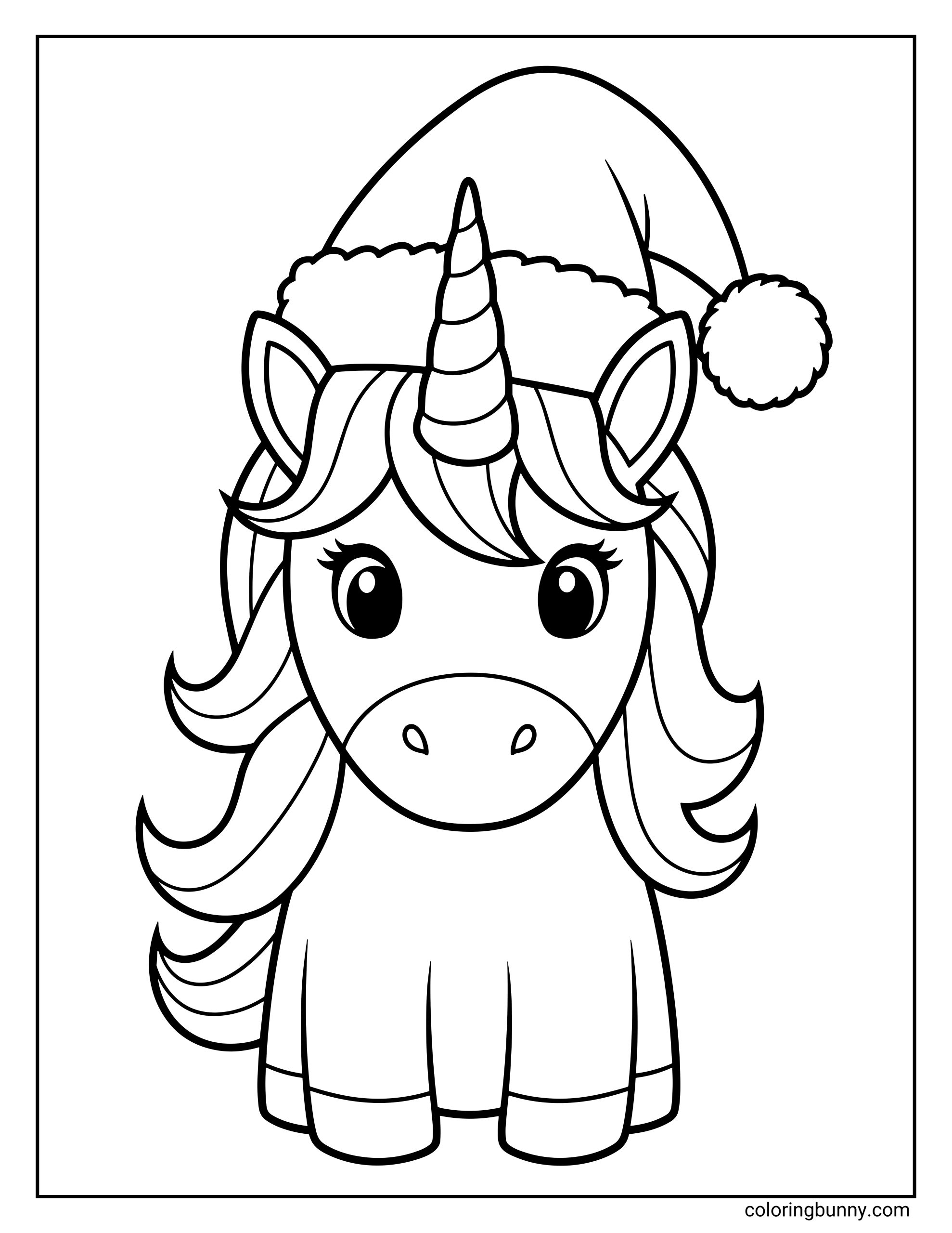 A simple cute Unicorn Christmas coloring page featuring a chibi-style unicorn wearing a Santa hat.
