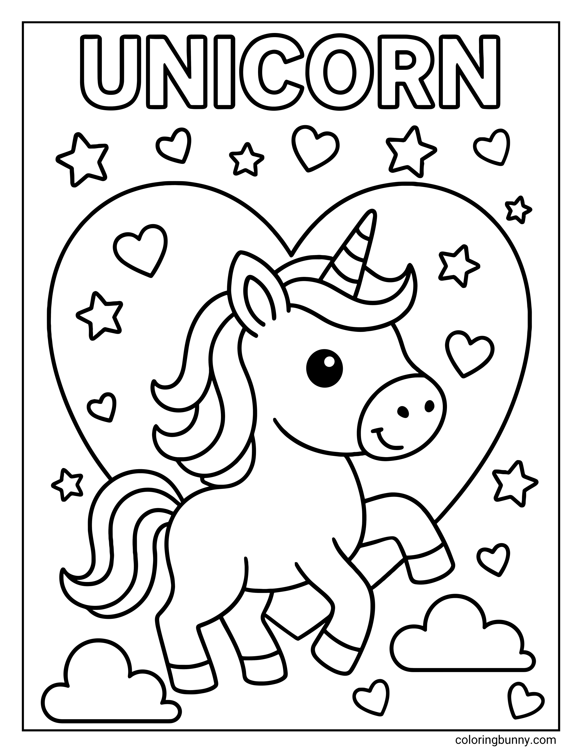 A delightful simple unicorn coloring page featuring a smiling pony prancing in front of a large heart background. The word "UNICORN" appears in big bubble letters at the top, surrounded by stars and smaller hearts.