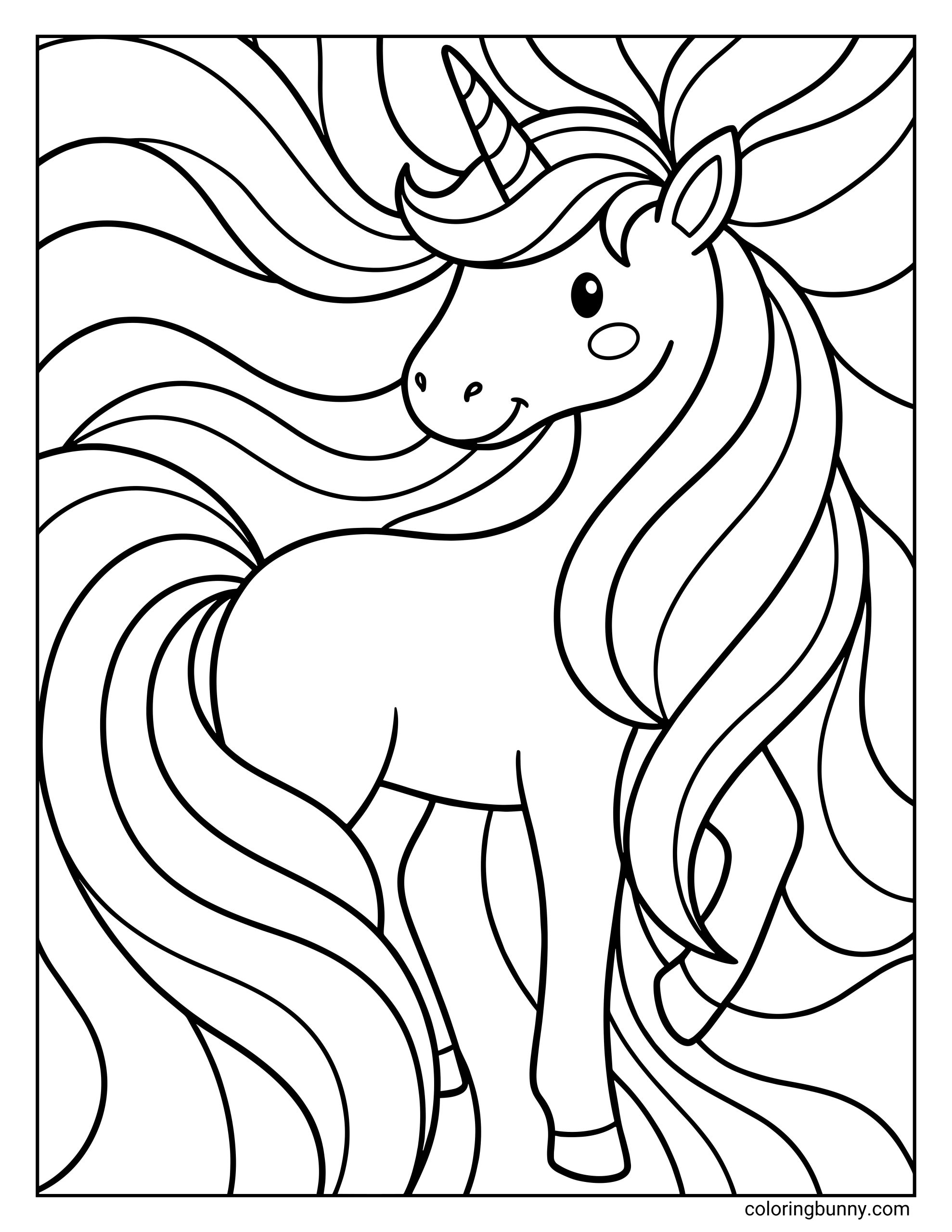 A unicorn coloring page featuring a graceful unicorn standing in profile, with a slim spiraled horn, gentle smile, and large flowing mane and tail made of long, wavy strands that fill the background. The unicorn’s simple body shape and bold outlines make the sweeping hair the main focus of the design.