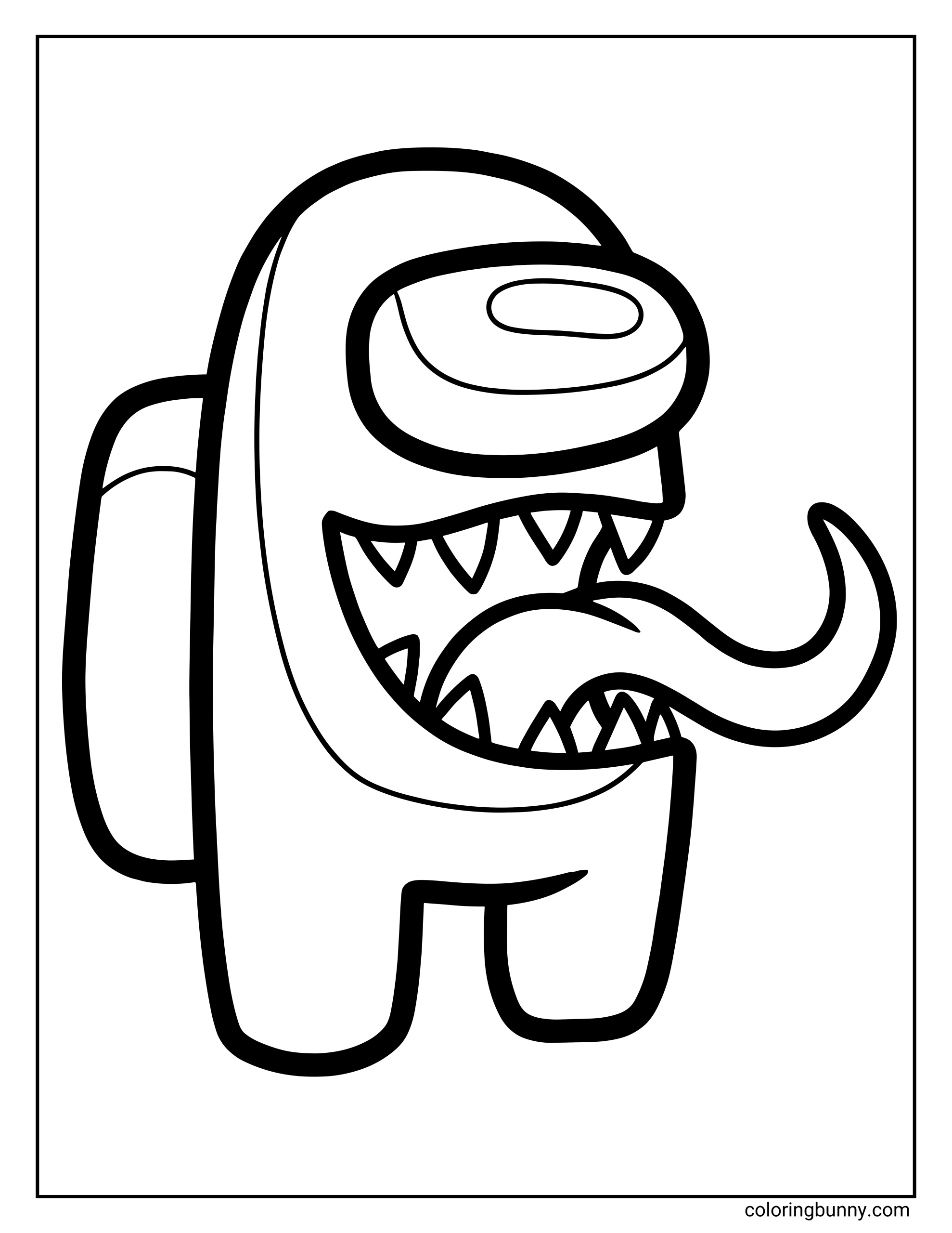 An easy Among Us impostor coloring page featuring a single impostor, with a wide open mouth full of sharp teeth and a long tongue sticking out.