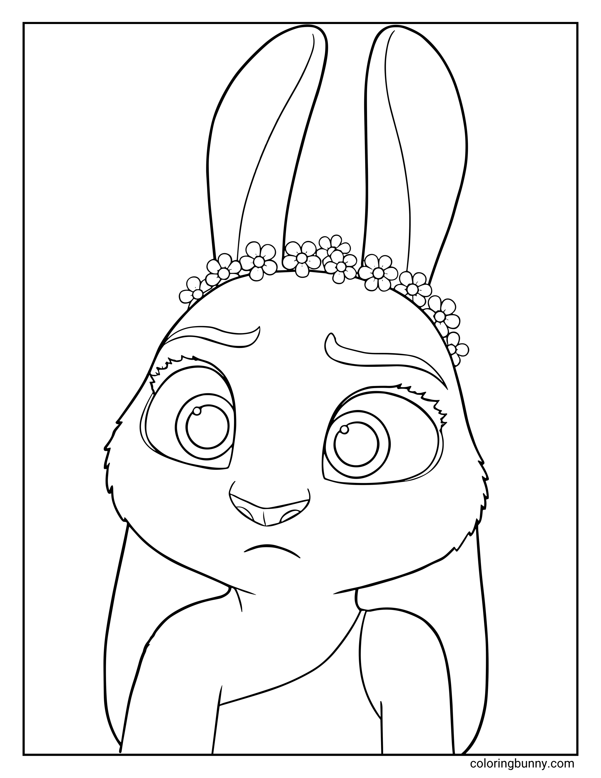A Zootopia 2 coloring page of Judy Hopps shown from the shoulders up, wearing a simple sleeveless top and a flower crown made of small blossoms across her head. Her long ears stand upright, and she has a concerned or uncertain expression, with wide eyes and gently furrowed brows. The illustration focuses on her soft features and emotional expression, as if she’s reacting to a tender or unexpected moment in Zootopia 2.