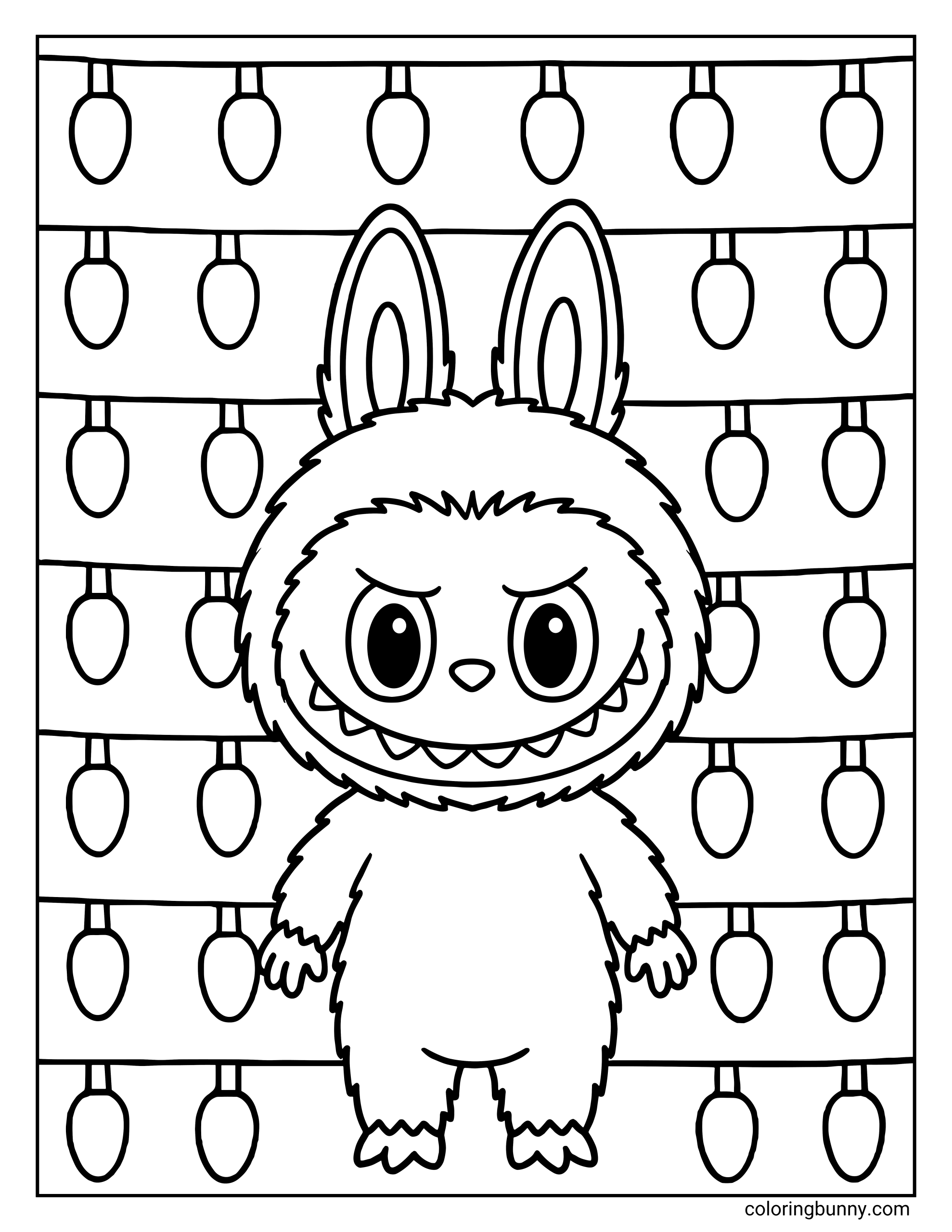 A Labubu Christmas coloring page featuring a full-body illustration of a Labubu character with tall pointed ears and a wide serrated smile, positioned in front of a background pattern of horizontal strings of hanging Christmas lights.