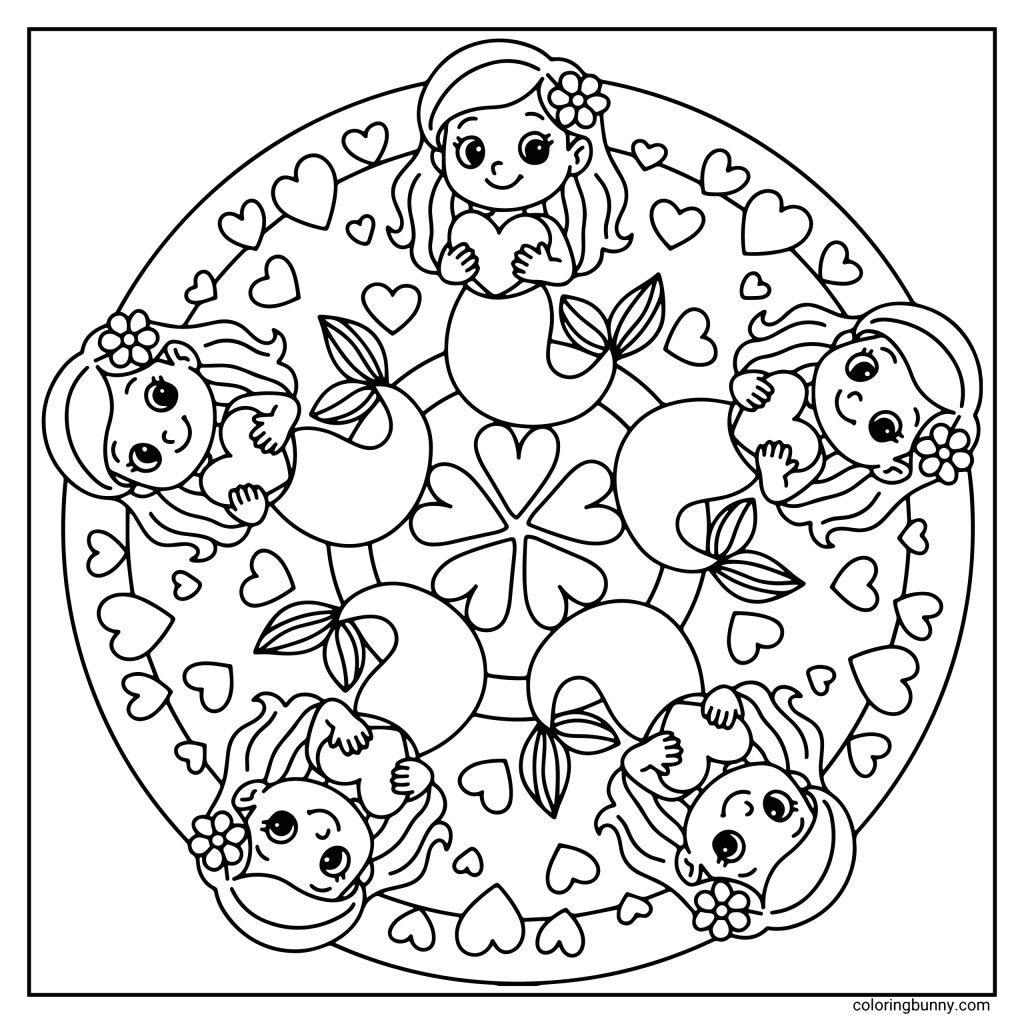 A hand-drawn simple mermaid hearts mandala coloring page featuring smiling mermaids arranged in a circular pattern, holding heart shapes, with flowing hair, mermaid tails, and repeating heart and floral details forming a symmetrical design.