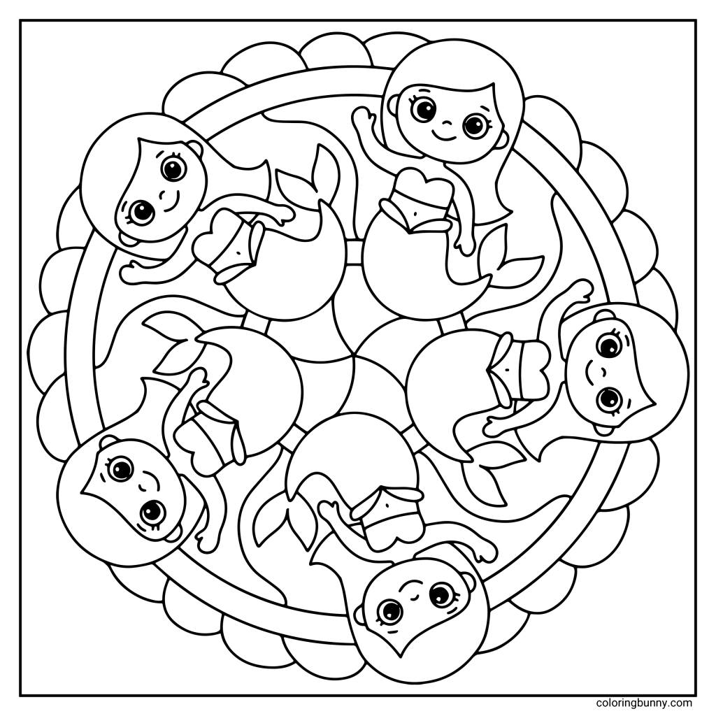 A hand-drawn simple mermaid mandala coloring page featuring smiling mermaids arranged in a circular pattern, with flowing hair, curved tails, and repeating shapes forming a balanced, symmetrical design.