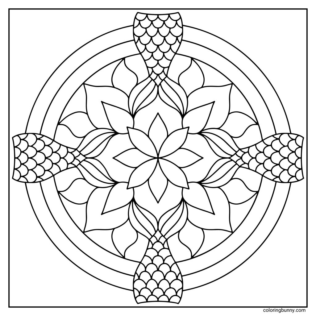 A hand-drawn simple mermaid tail mandala coloring page featuring four mermaid tails arranged symmetrically around a central floral pattern, with flowing lines, scale details, and a circular balanced design.