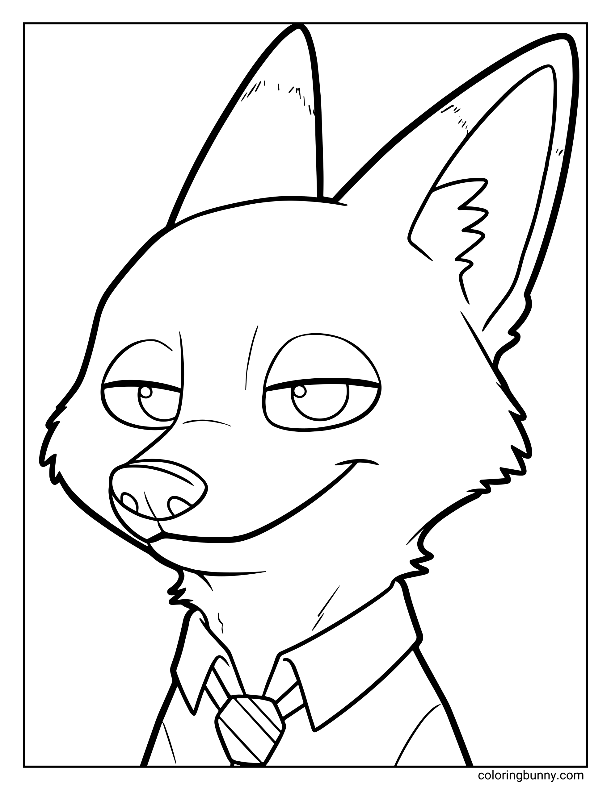 A Zootopia 2 coloring page showing a close-up of Nick Wilde’s face. He has a relaxed, sly half-smile and half-lidded eyes, giving him his signature smug, confident expression. Nick’s tall fox ears stand upright, and he’s wearing his usual collared shirt and striped tie. His expression suggests he’s amused or plotting something clever in Zootopia 2.