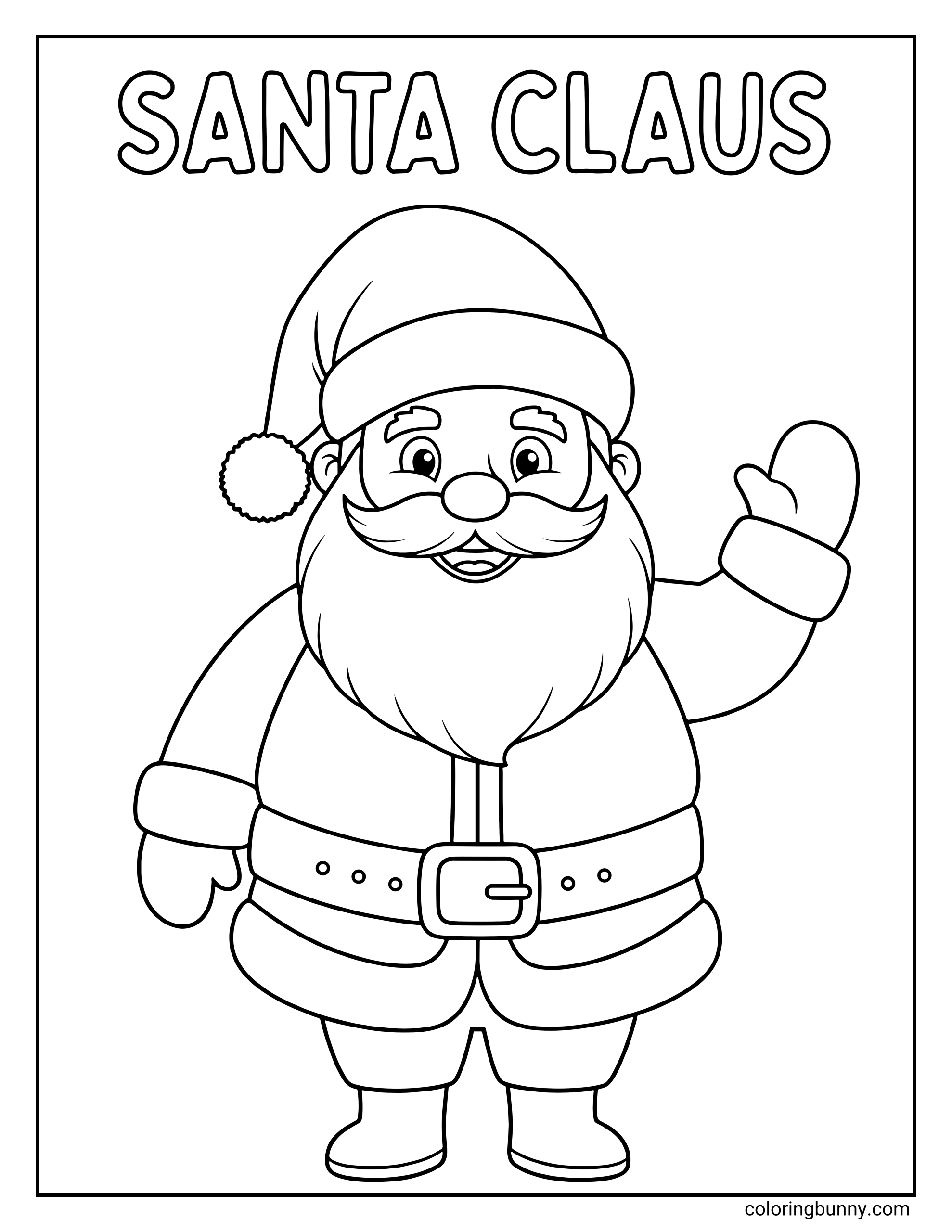 Simple coloring page featuring a smiling Santa Claus waving his hand with the text "SANTA CLAUS" written above him.