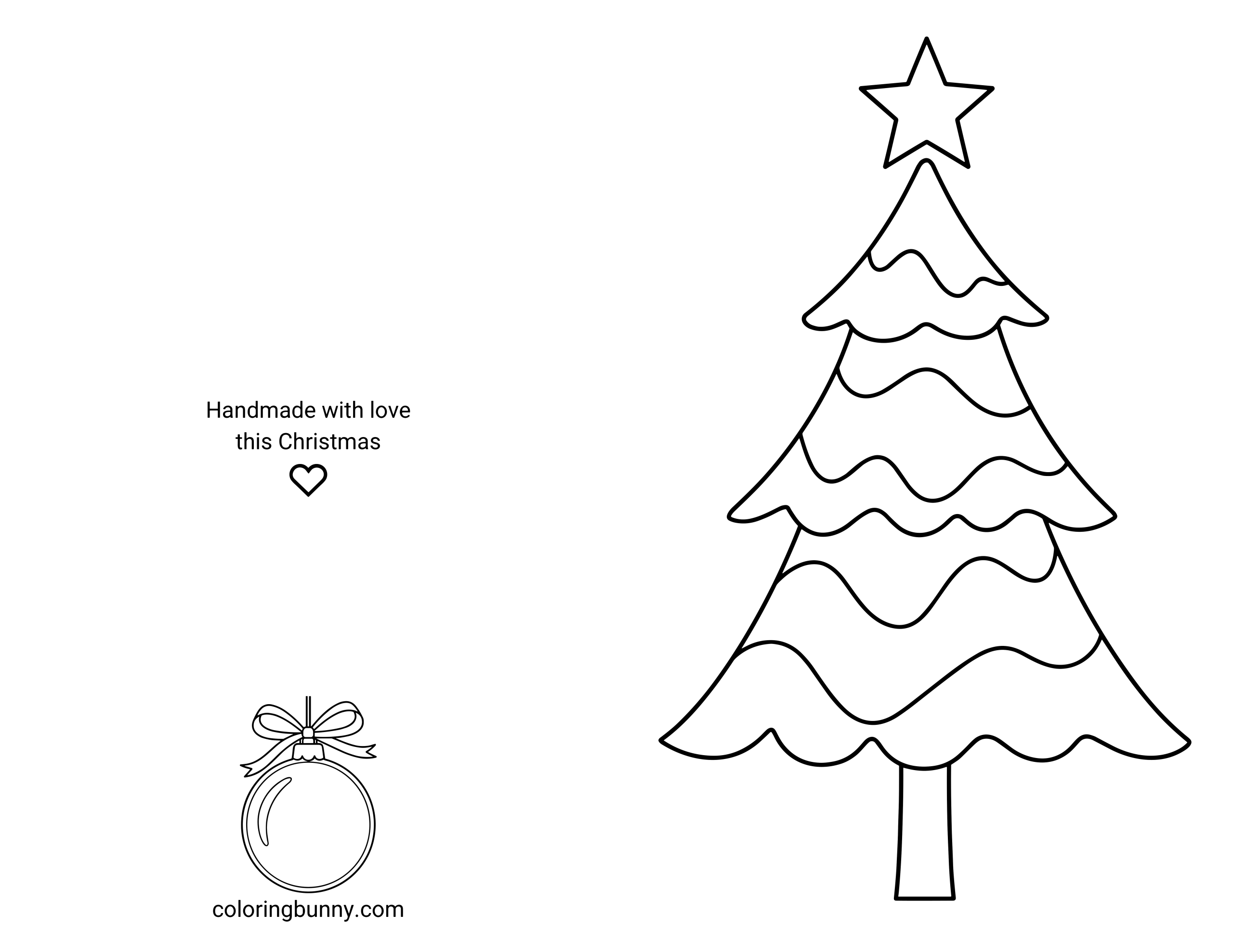 A printable and foldable Christmas card coloring page featuring a simple outline of a Christmas tree with wavy layered branches and a star on top. The left half of the page shows the back of the card with the text “Handmade with love this Christmas,” a small heart icon, and a Christmas bauble illustration.
