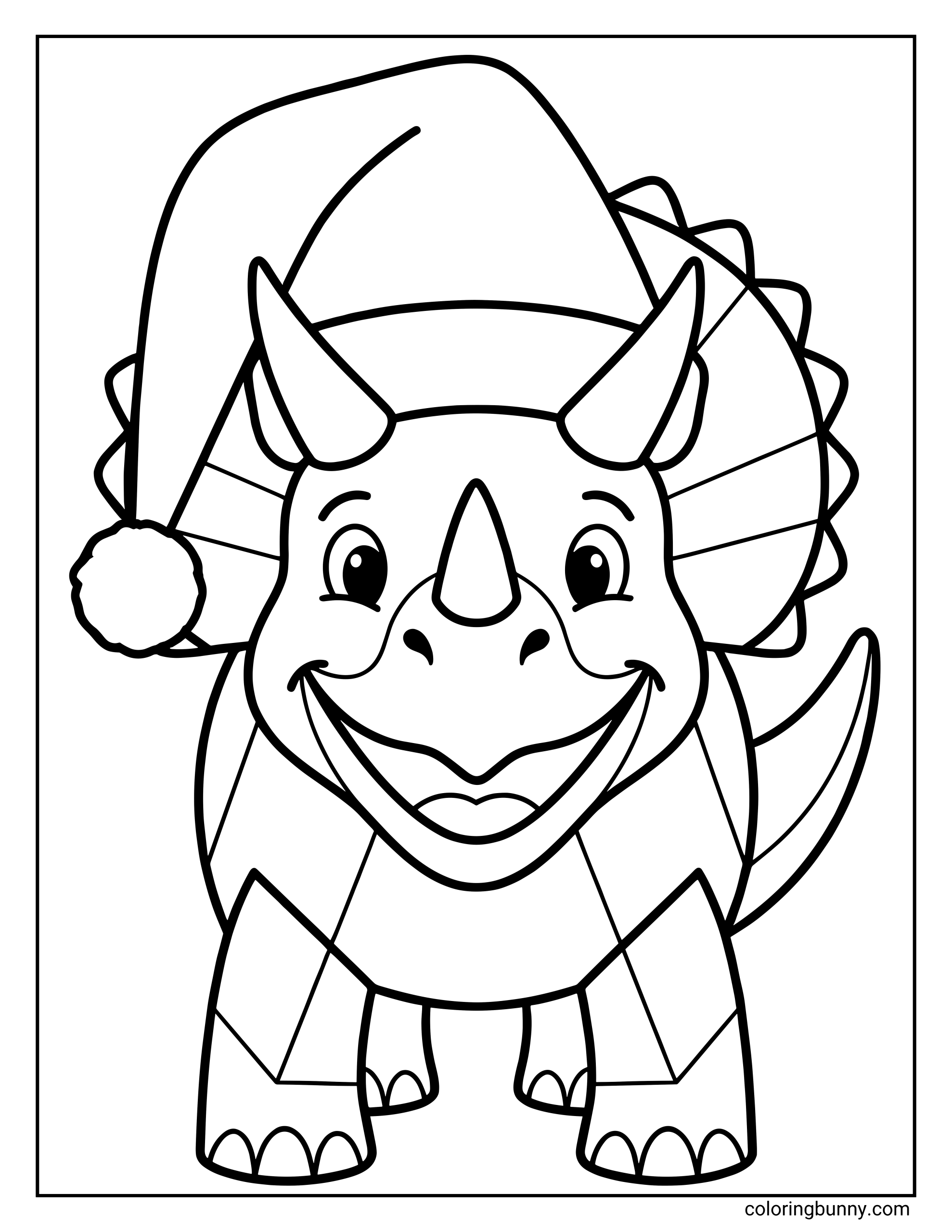 A simple Christmas coloring page where a smiling Triceratops wears a big Santa hat.