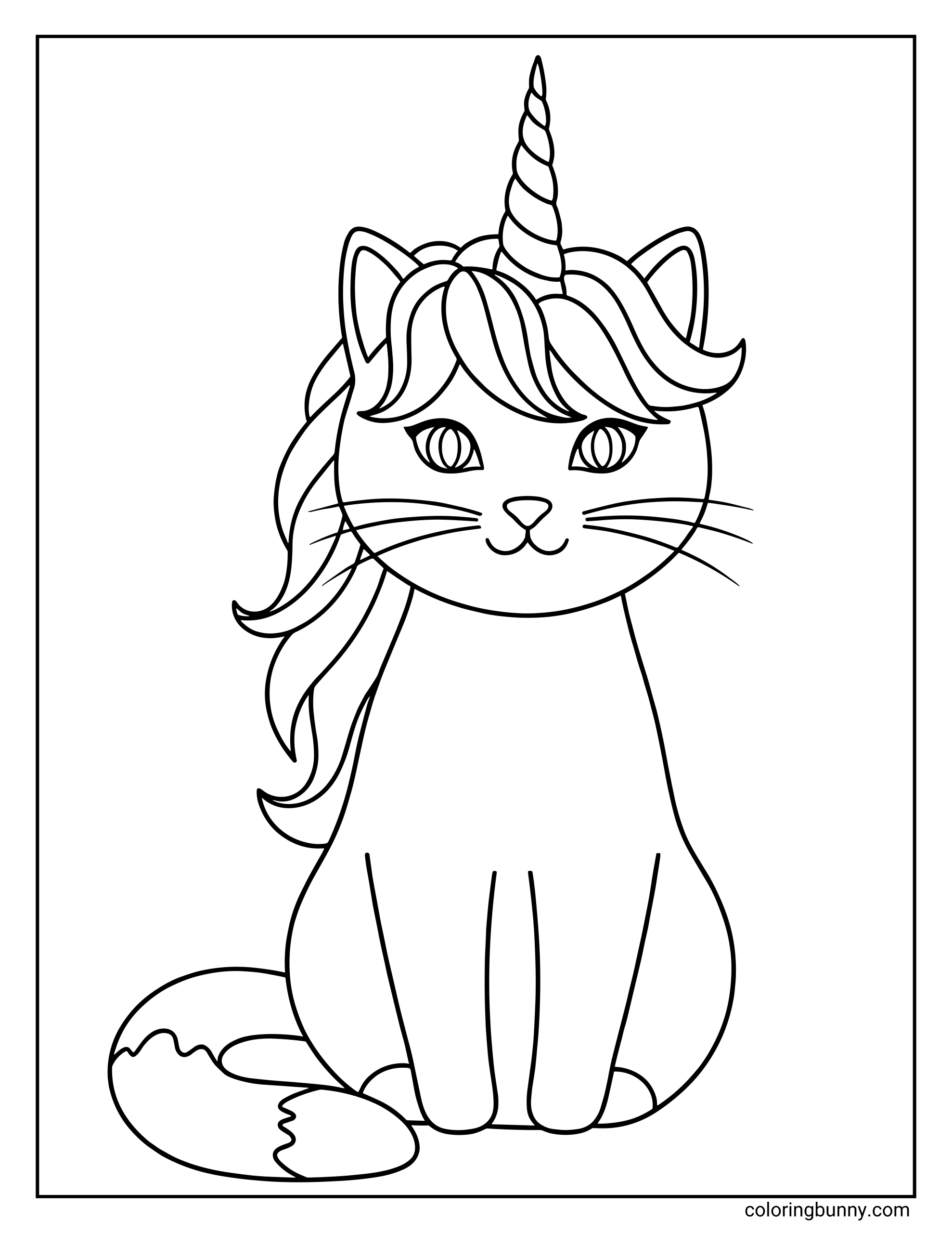 A unicorn cat coloring page featuring a cute sitting cat with a long spiraled unicorn horn, soft flowing mane, pointy ears, and whiskers. The cat has large expressive eyes, a rounded face, and a curled tail resting beside its body, drawn in a simple, clean style that’s easy to color.