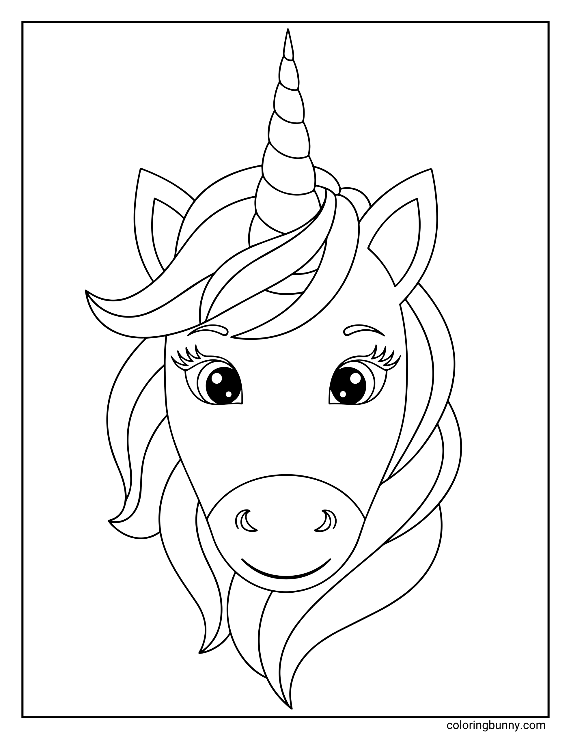 A unicorn coloring page featuring a simple front-facing unicorn face with a long spiraled horn, rounded snout, and large expressive eyes with long eyelashes. The unicorn’s flowing mane frames the face on both sides, with soft curved strands and perked ears creating a friendly, approachable look.