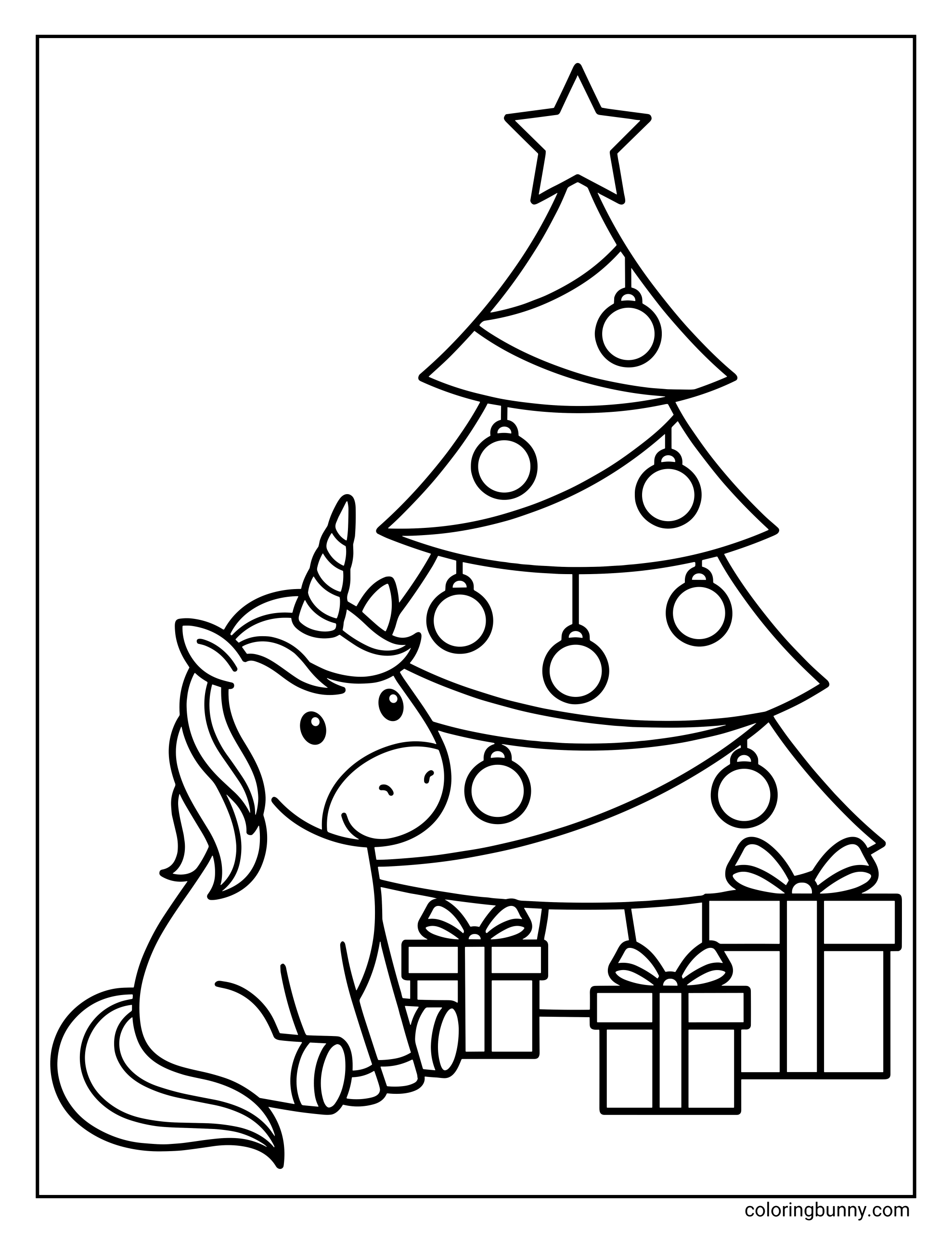 A simple Unicorn Christmas coloring page showing a cute unicorn sitting beside a simple decorated Christmas tree with a star on top. Wrapped presents sit under the tree, and ornaments hang from its branches.