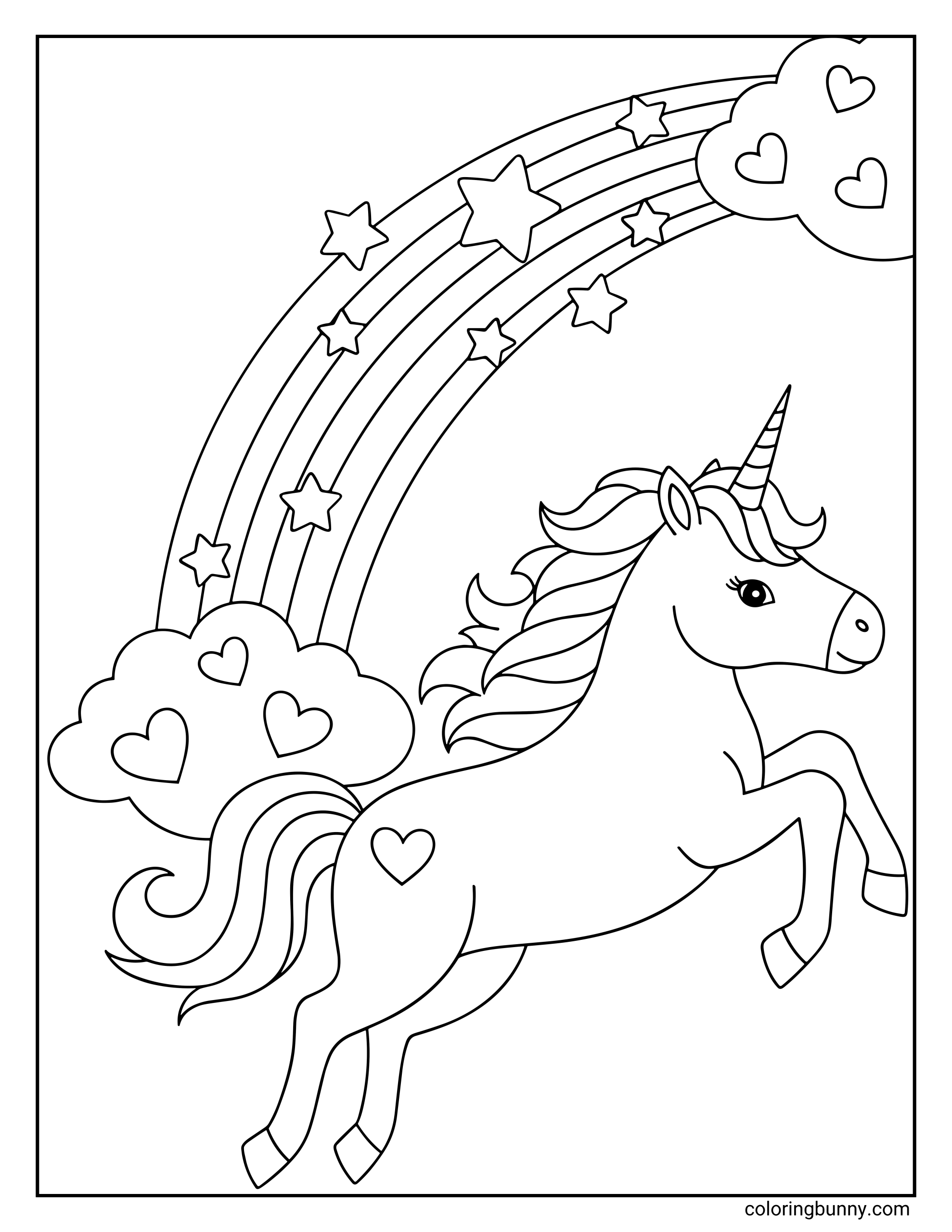 A unicorn coloring page showing a cheerful unicorn rearing up on its hind legs, with a spiraled horn, flowing mane, and swishing tail. A magical rainbow arches overhead, decorated with stars and fluffy clouds filled with heart shapes, while a small heart marking appears on the unicorn’s side, creating a playful fantasy scene.